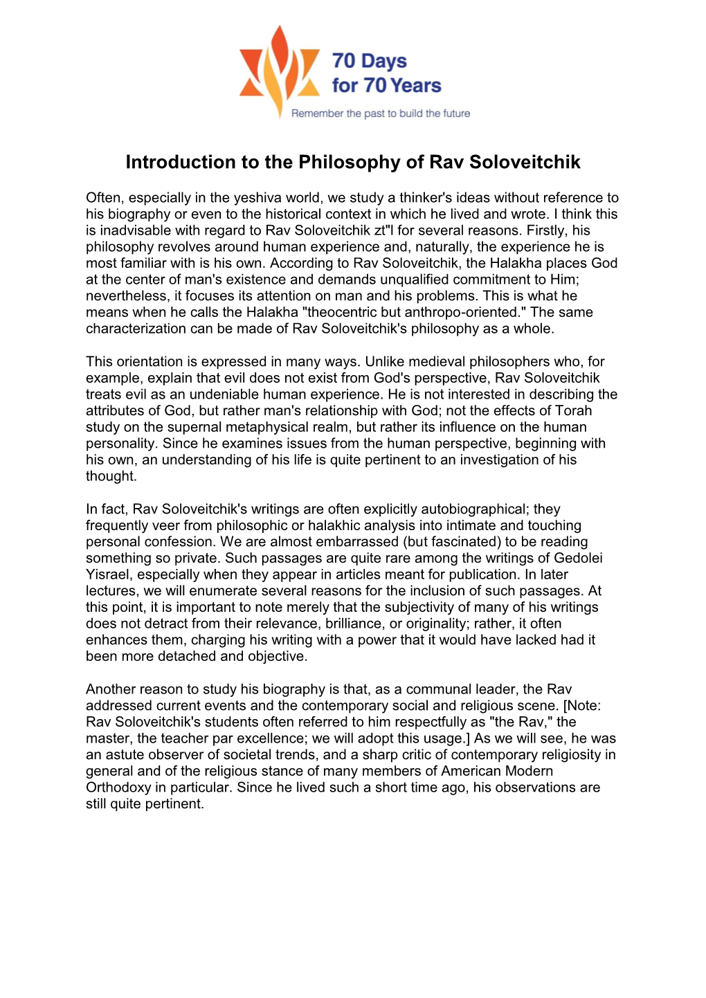 Introduction to the Philosophy of Rav Soloveitchik