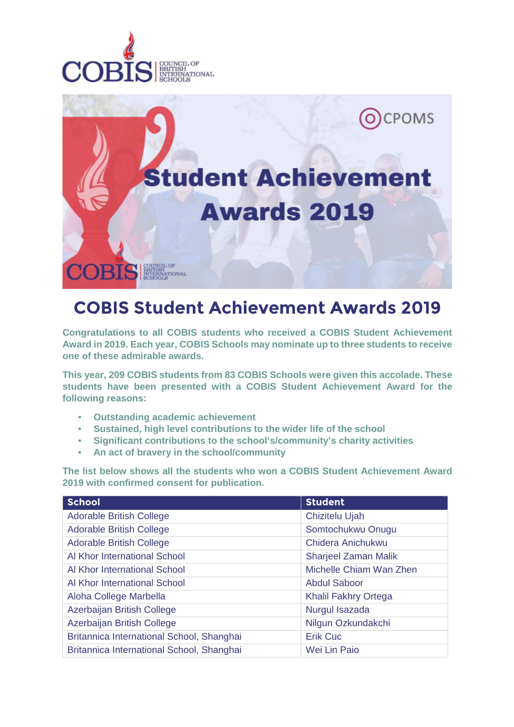COBIS Student Achievement Awards 2019