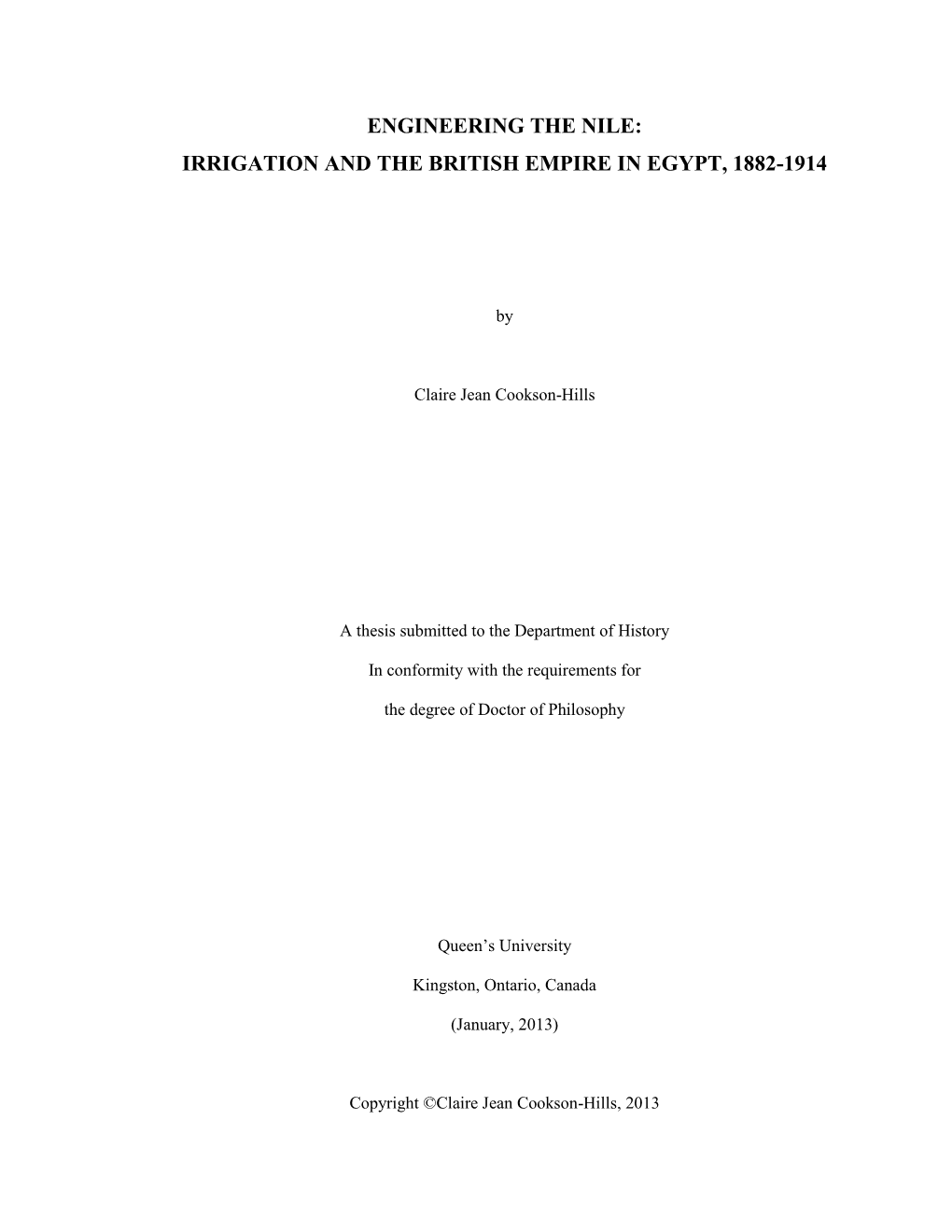 Engineering the Nile: Irrigation and the British Empire in Egypt, 1882-1914