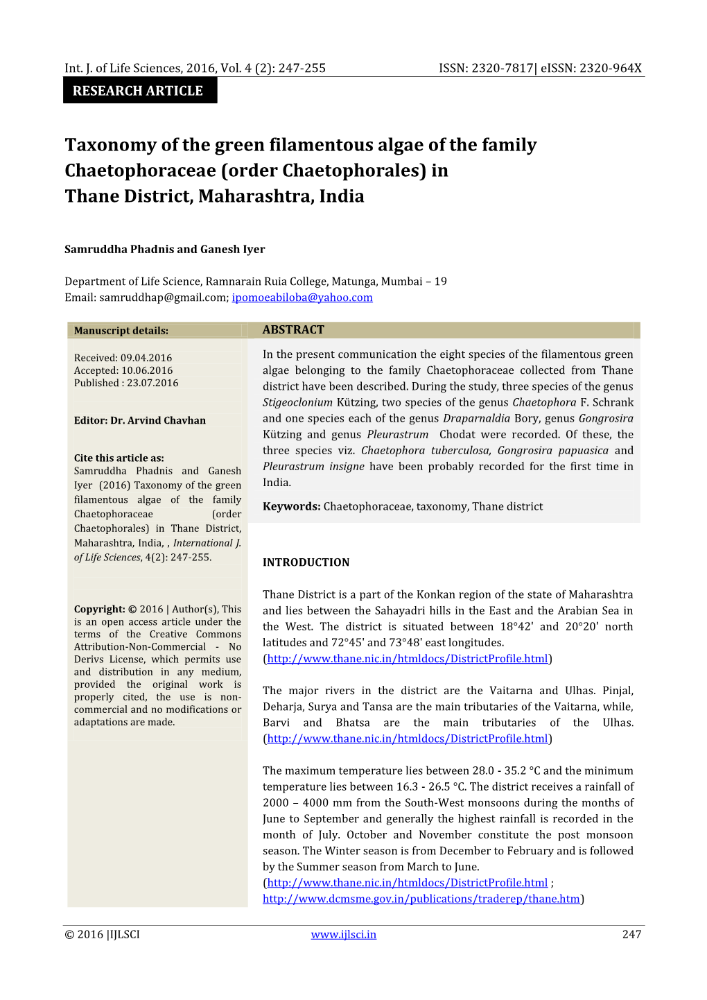 Taxonomy of the Green Filamentous Algae of the Family Chaetophoraceae (Order Chaetophorales) in Thane District, Maharashtra, India