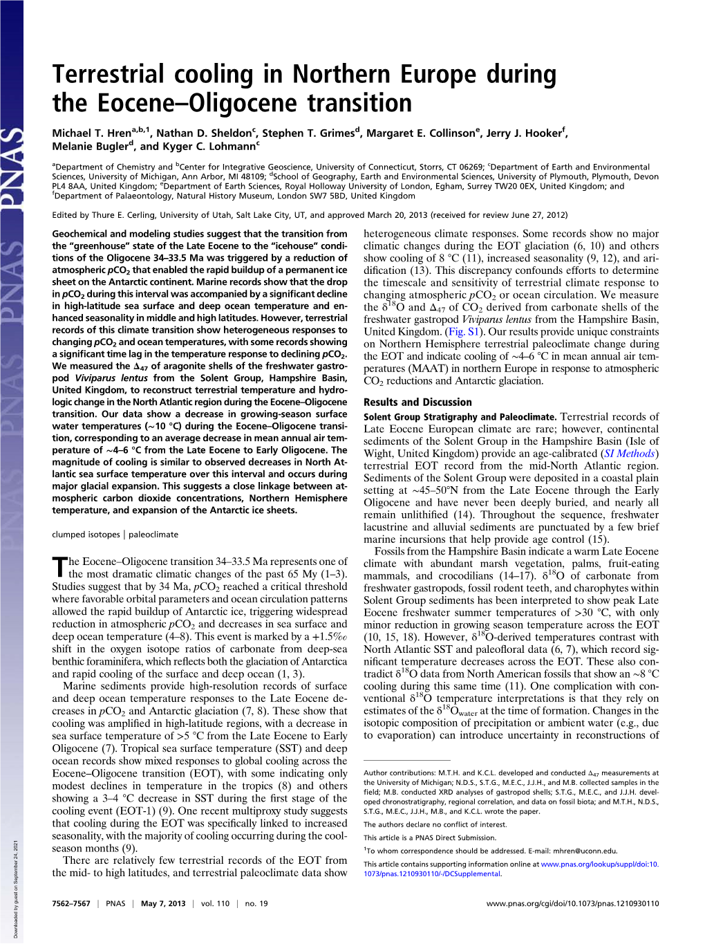 Terrestrial Cooling in Northern Europe During the Eocene–Oligocene Transition