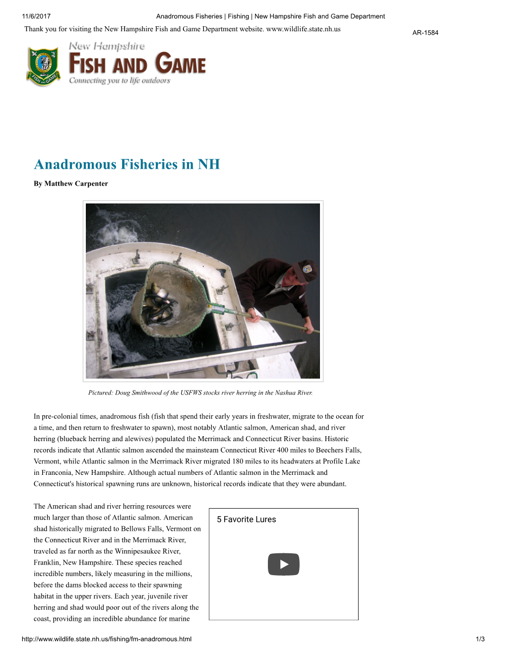 Anadromous Fisheries in New Hampshire, New Hampshire Fish and Game Department Website, November 6