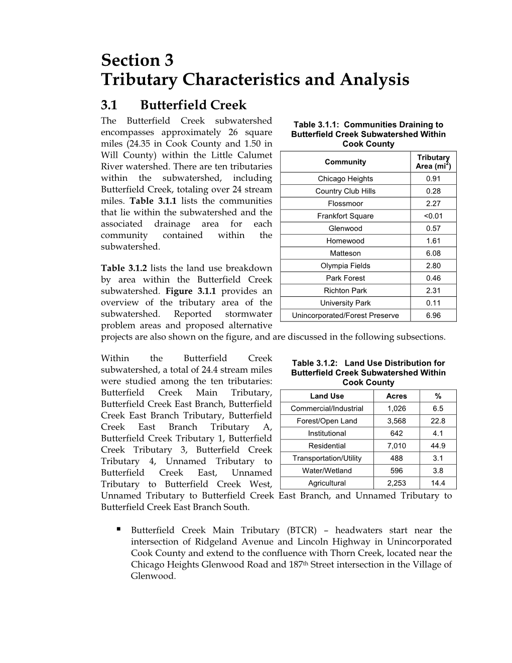 Section 3 Tributary Characteristics and Analysis