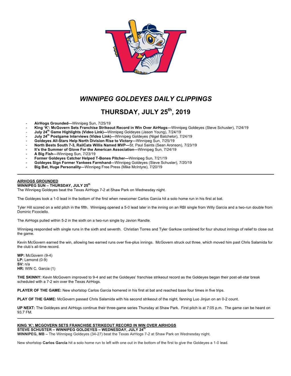 Winnipeg Goldeyes Daily Clippings Thursday, July 25