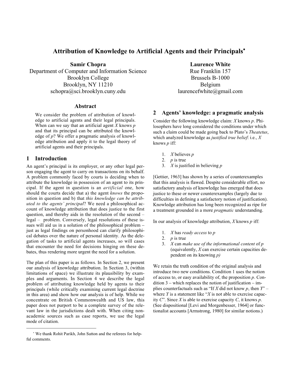 Attribution of Knowledge to Artificial Agents and Their Principals∗