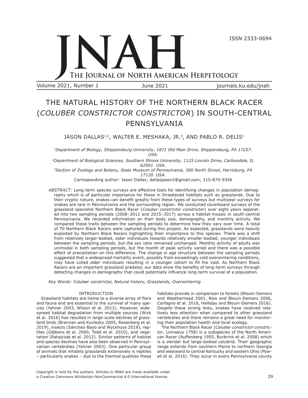 The Natural History of the Northern Black Racer (Coluber Constrictor Constrictor) in South-Central Pennsylvania