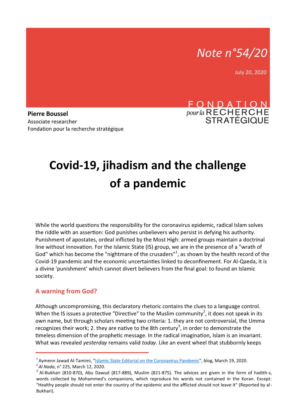 Note N°54/20 Covid-19, Jihadism and the Challenge of a Pandemic