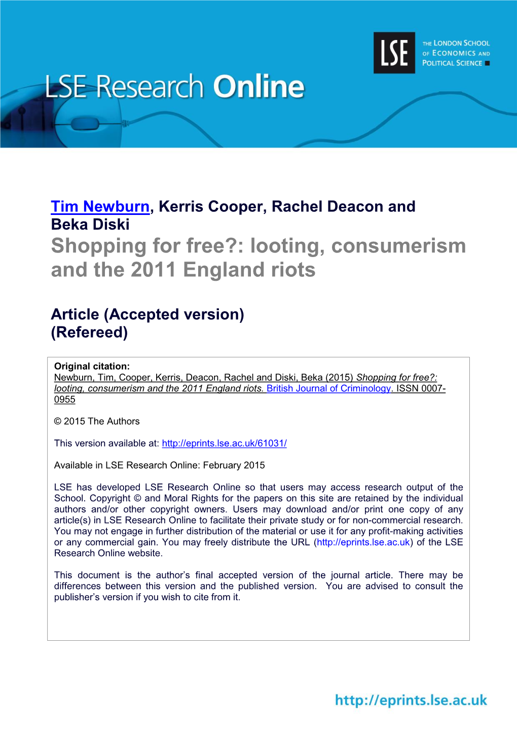 Shopping for Free?: Looting, Consumerism and the 2011 England Riots