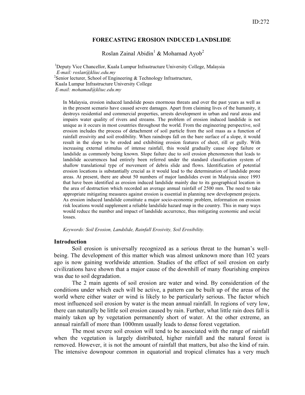 ID:272 FORECASTING EROSION INDUCED LANDSLIDE Roslan