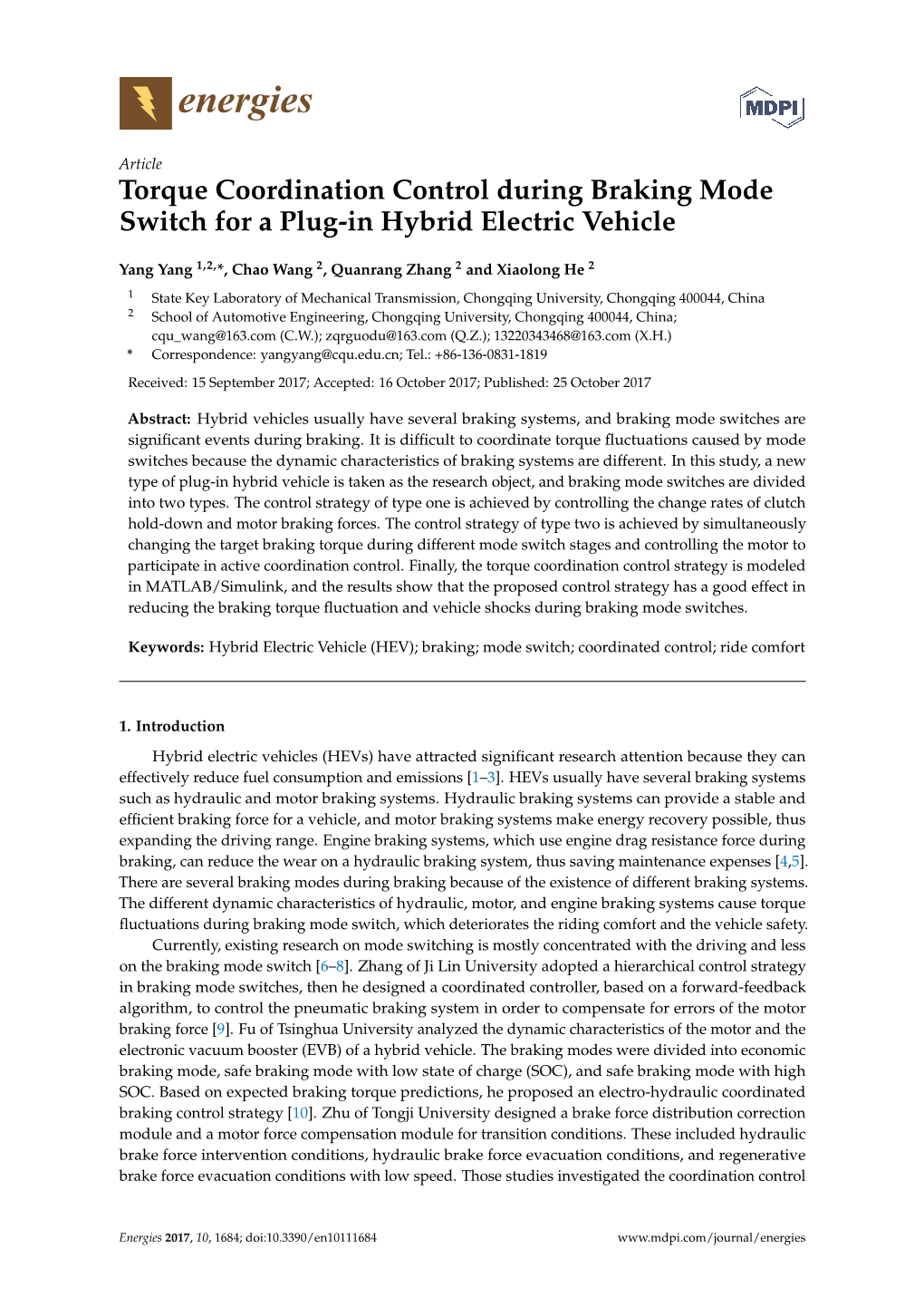 Torque Coordination Control During Braking Mode Switch for a Plug-In Hybrid Electric Vehicle