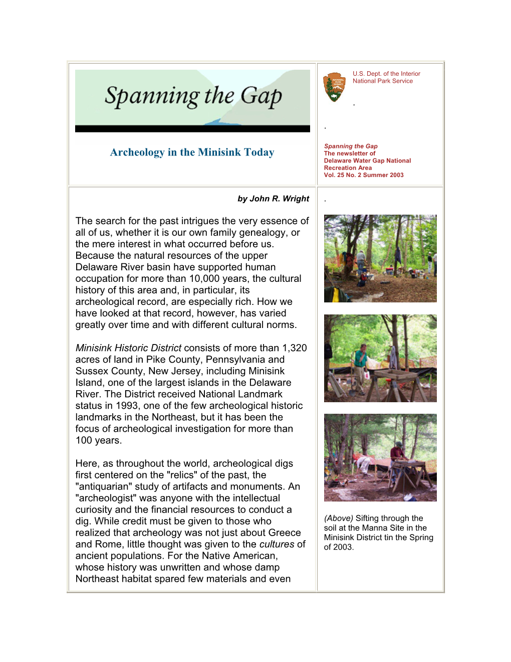 Archeology in the Minisink Today the Newsletter of Delaware Water Gap National Recreation Area Vol