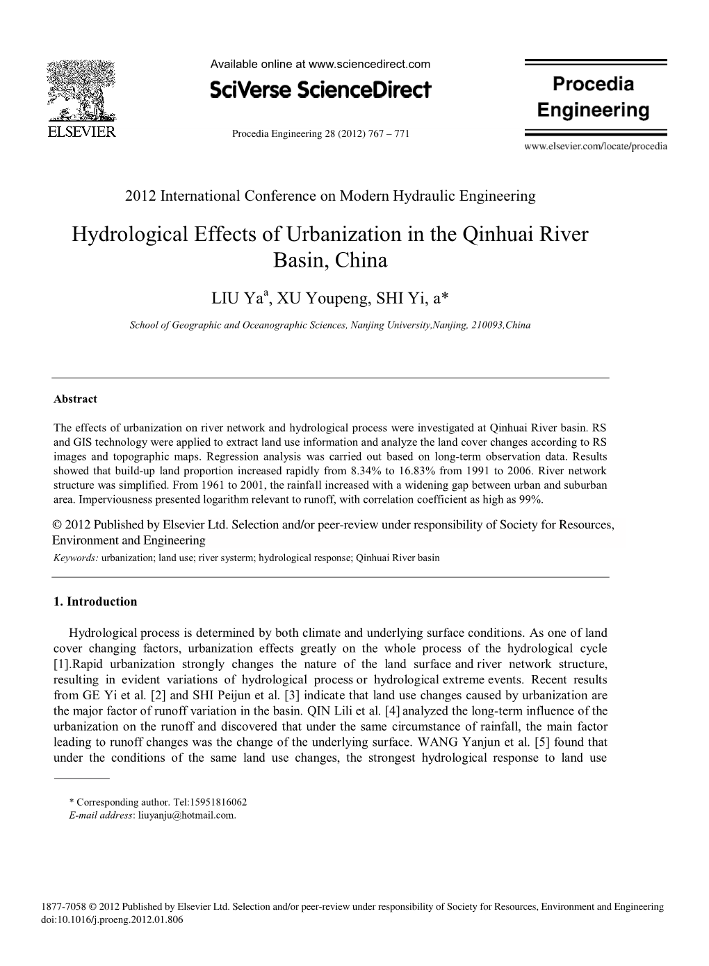 Hydrological Effects of Urbanization in the Qinhuai River Basin, China