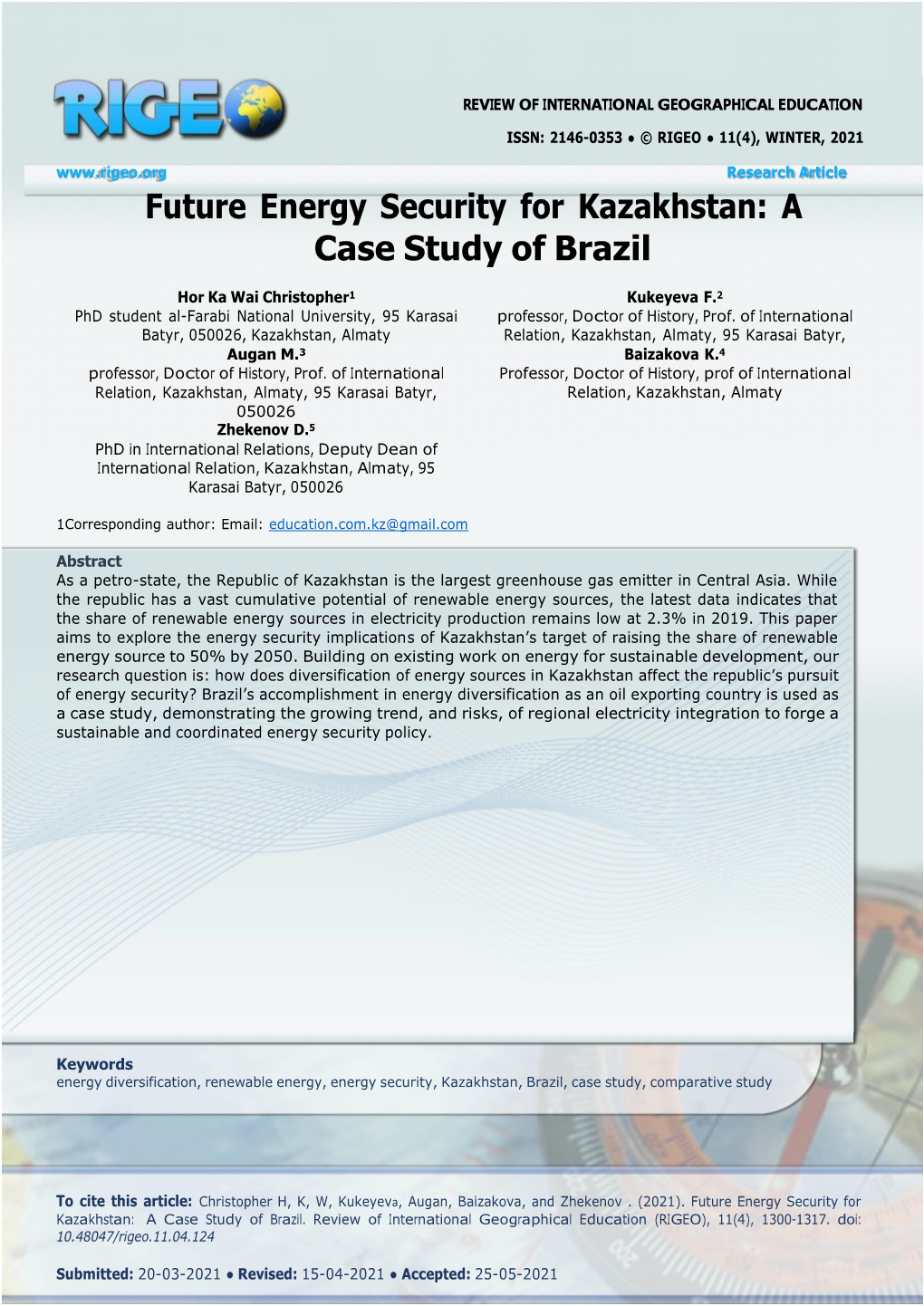 Future Energy Security for Kazakhstan: a Case Study of Brazil