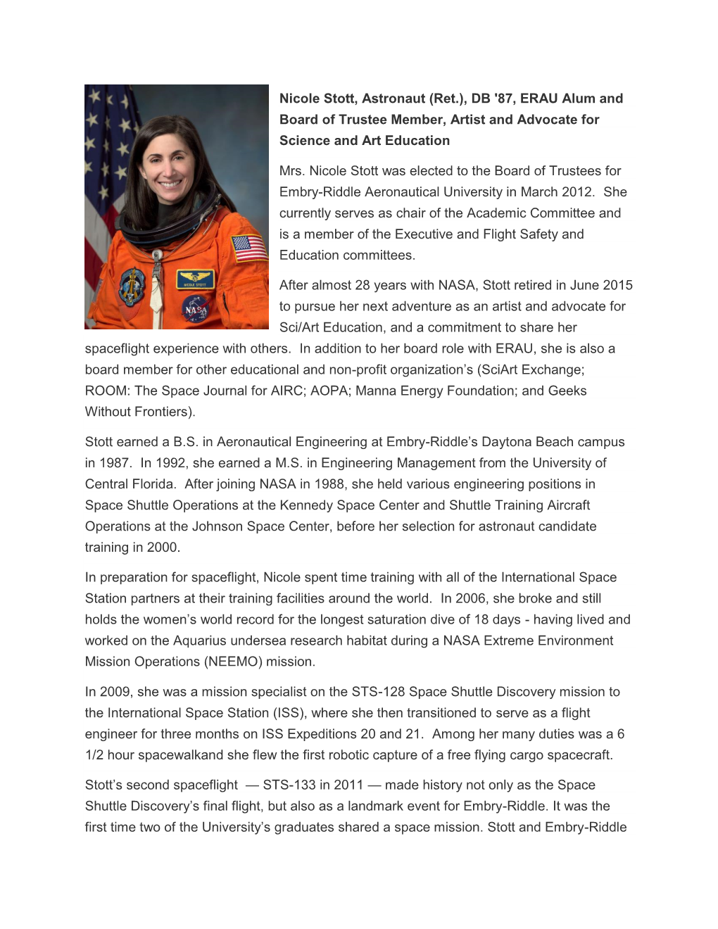 Nicole Stott, Astronaut (Ret.), DB '87, ERAU Alum and Board of Trustee Member, Artist and Advocate for Science and Art Education