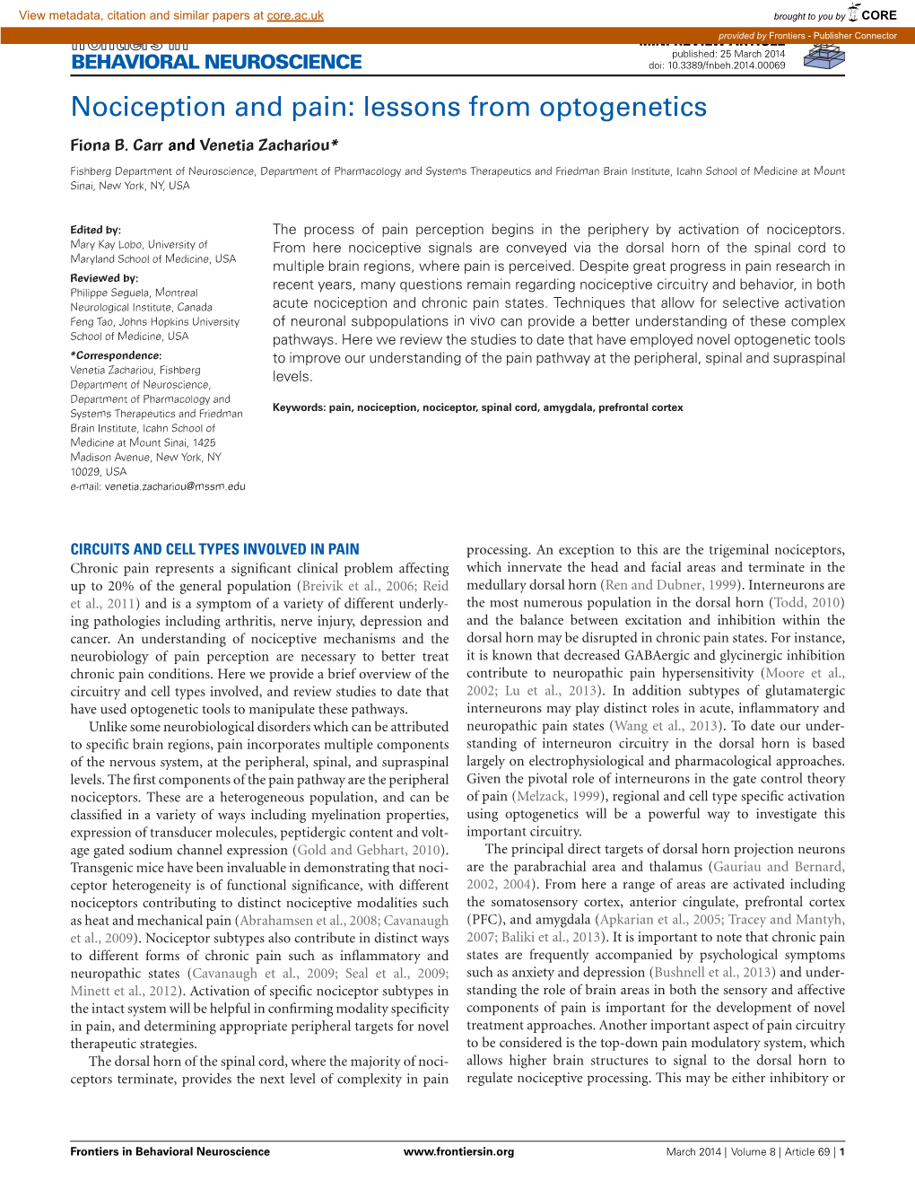 Nociception and Pain: Lessons from Optogenetics