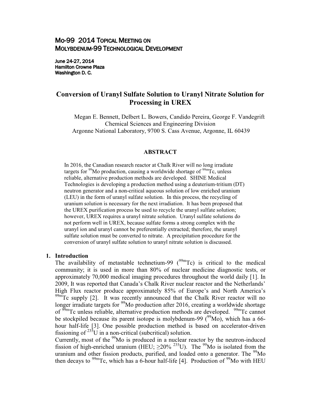 Mo-99 2014 TOPICAL MEETING on Conversion of Uranyl Sulfate