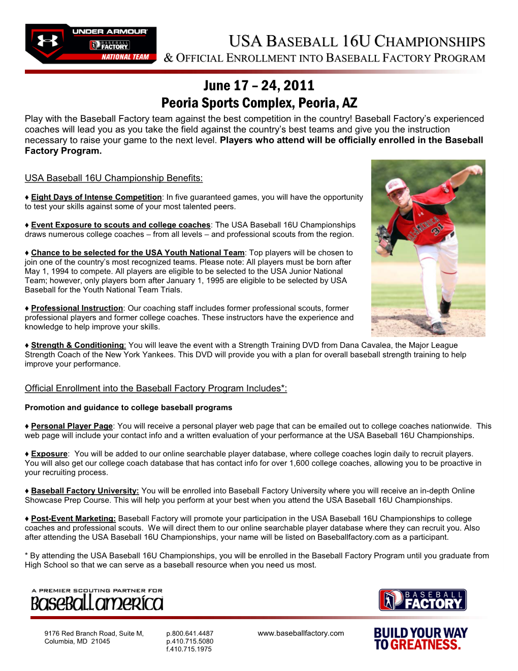 Usa Baseball 16U Championships & Official Enrollment Into Baseball Factory Program