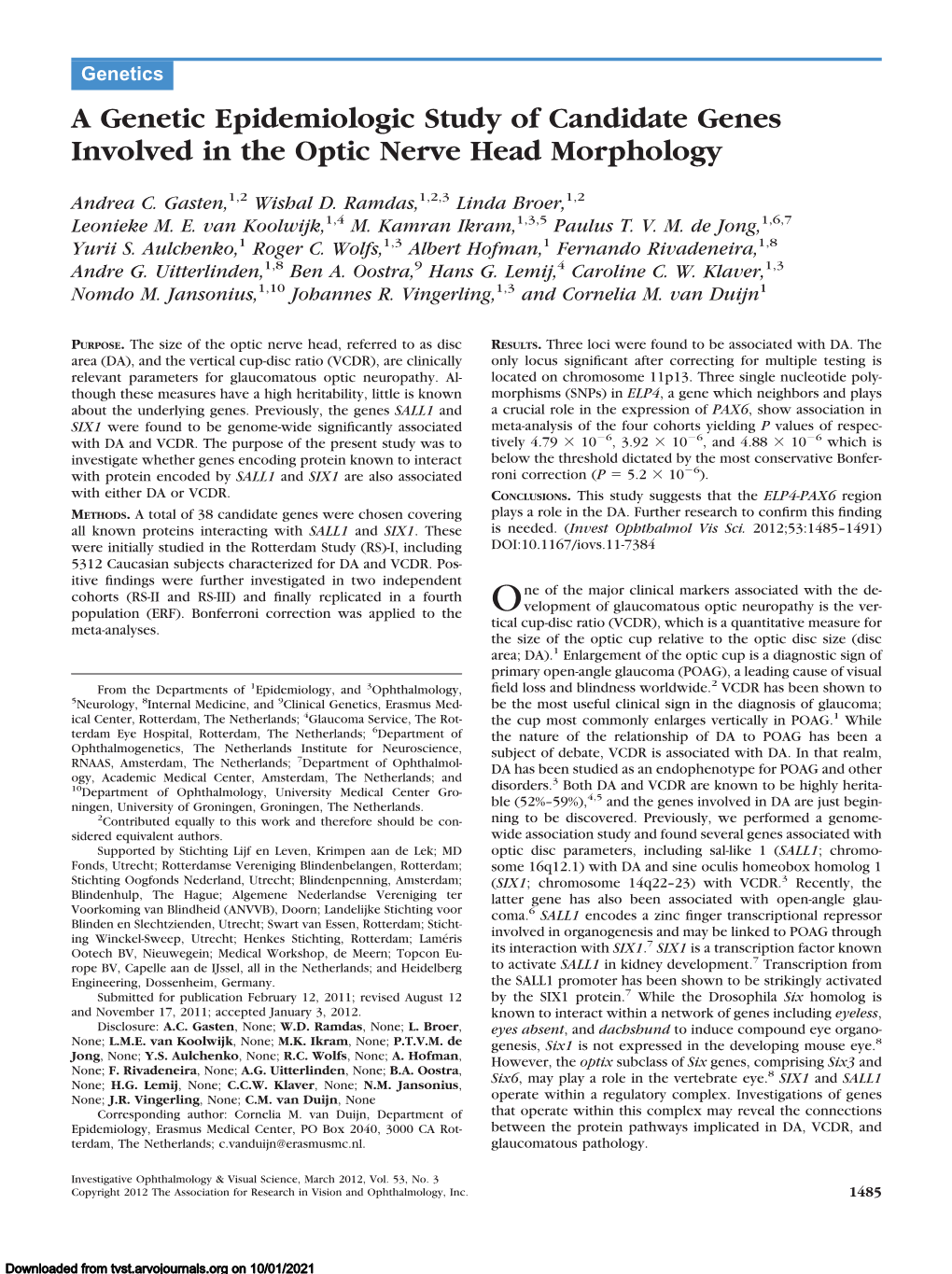 A Genetic Epidemiologic Study of Candidate Genes Involved in the Optic Nerve Head Morphology