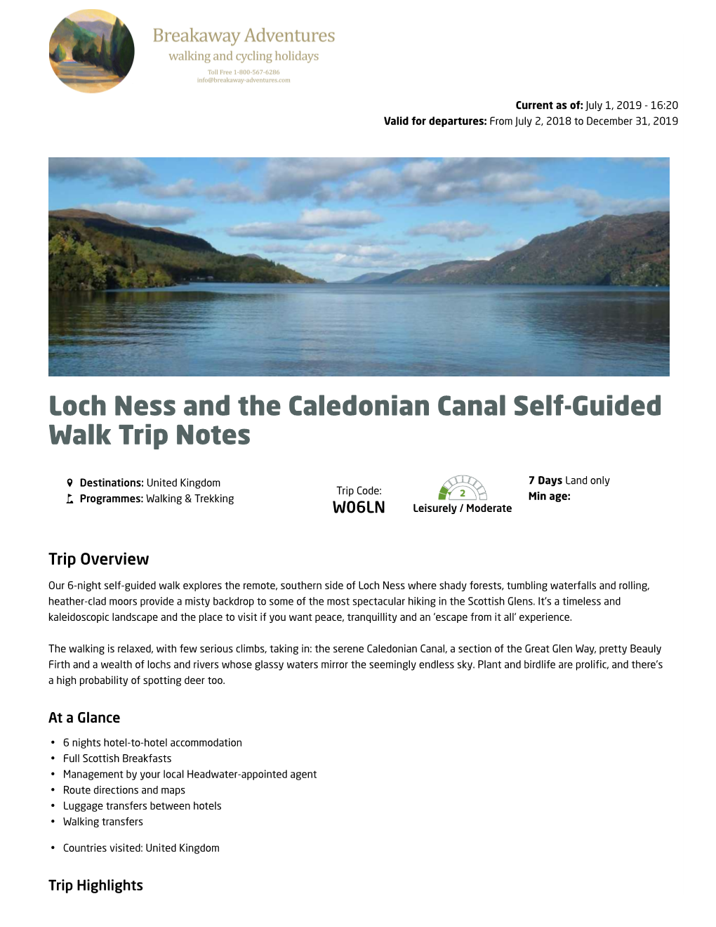 Loch Ness and the Caledonian Canal Self-Guided Walk Trip Notes