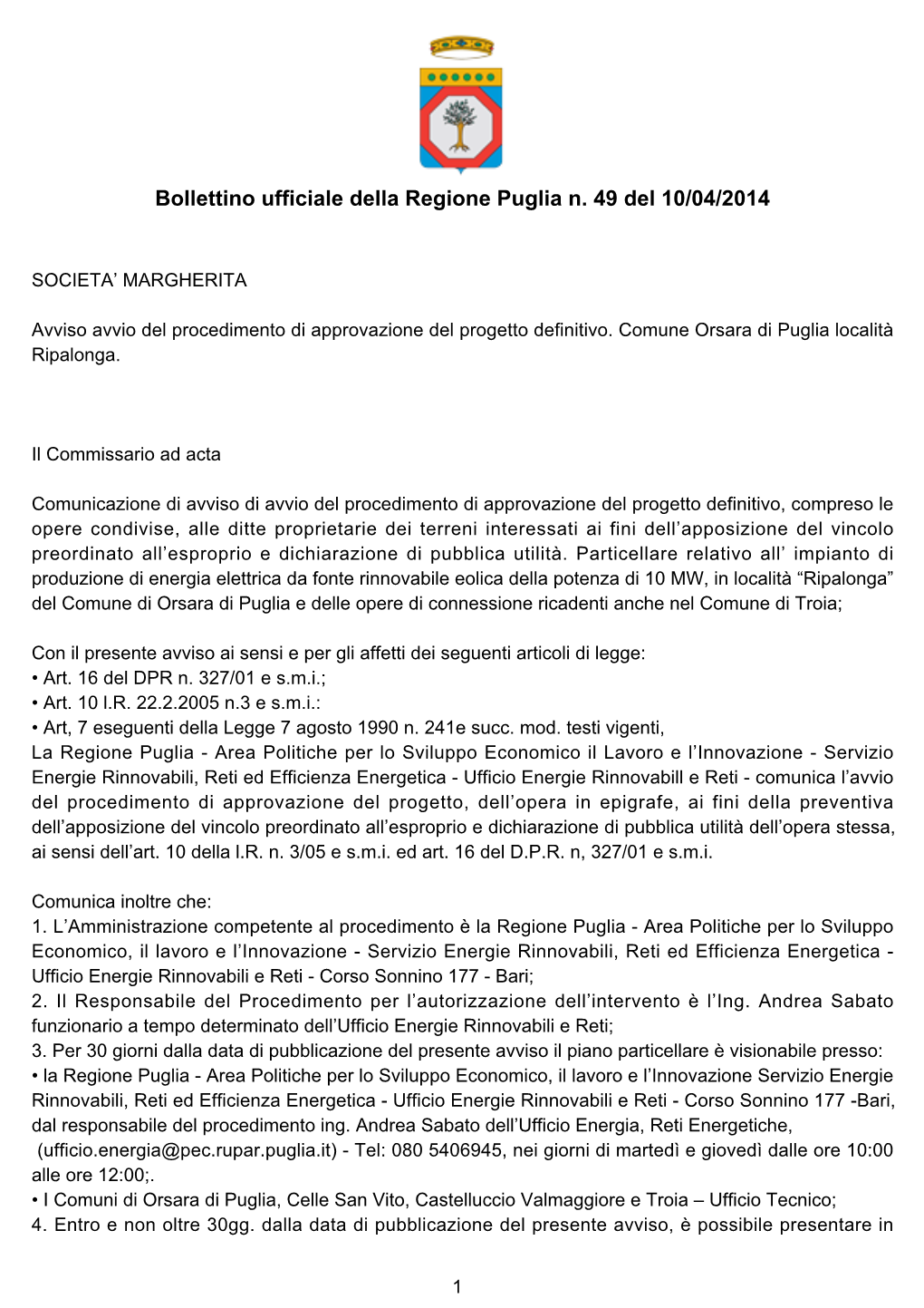 Bollettino Ufficiale Della Regione Puglia N. 49 Del 10/04/2014