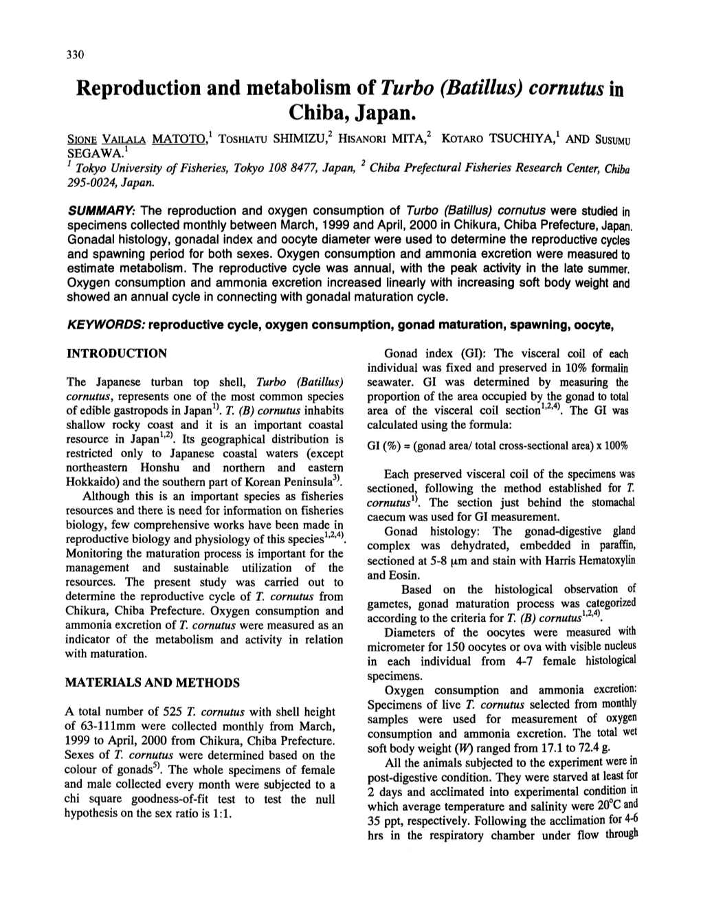 Reproduction and Metabolism of Turbo (Batillus) Cornutus in Chiba, Japan