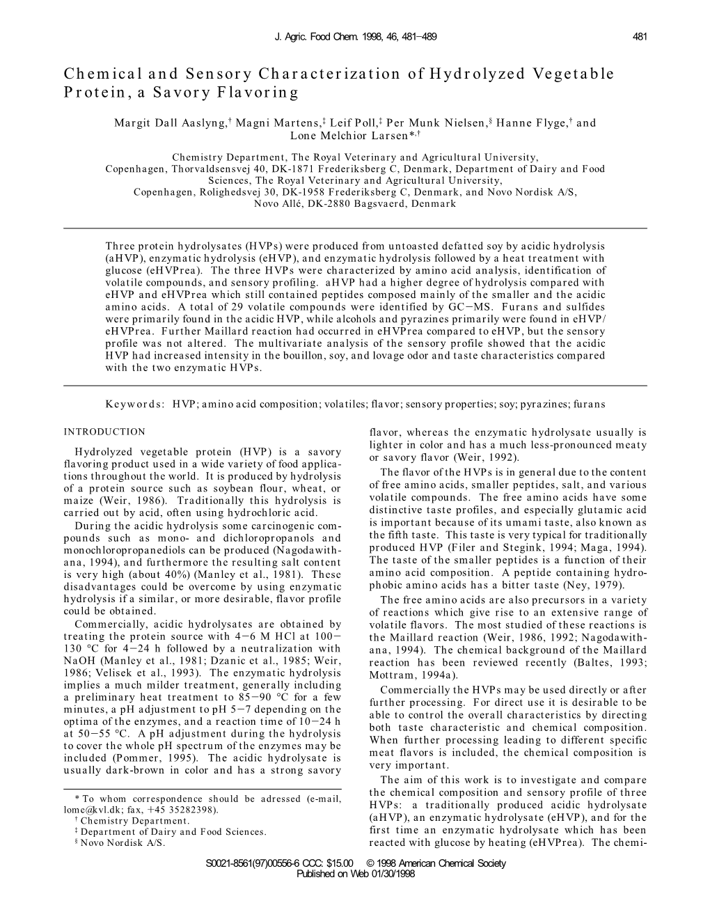 Chemical and Sensory Characterization of Hydrolyzed Vegetable Protein, a Savory Flavoring