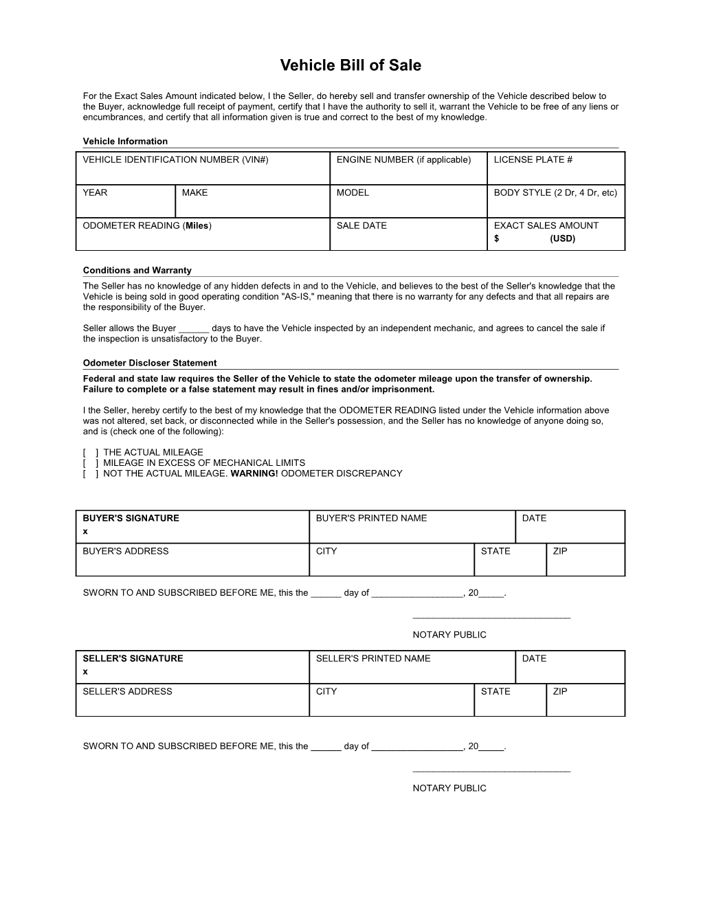 Car Bill of Sale Template