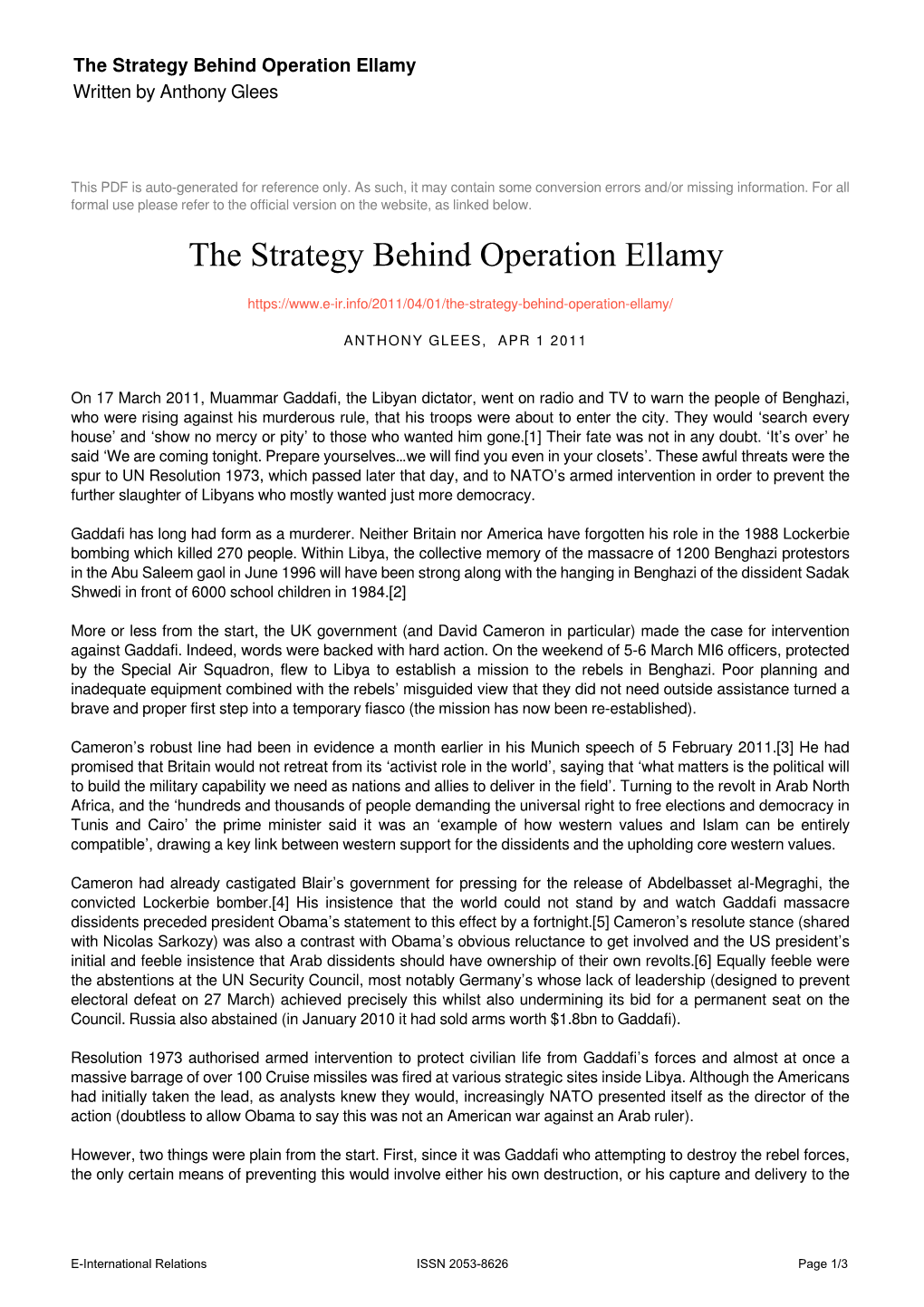 The Strategy Behind Operation Ellamy Written by Anthony Glees