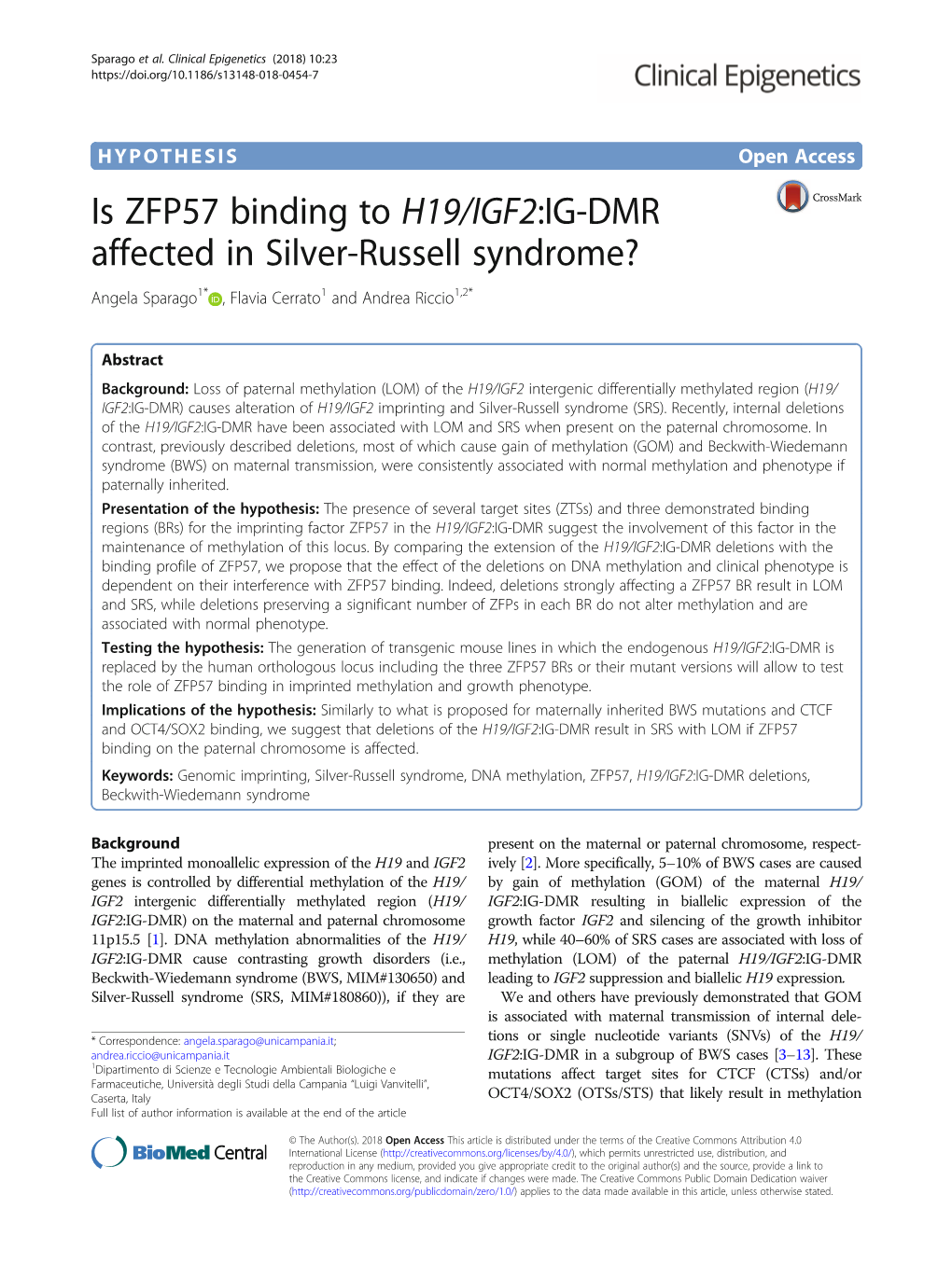 Is ZFP57 Binding to H19/IGF2:IG-DMR Affected in Silver-Russell Syndrome? Angela Sparago1* , Flavia Cerrato1 and Andrea Riccio1,2*