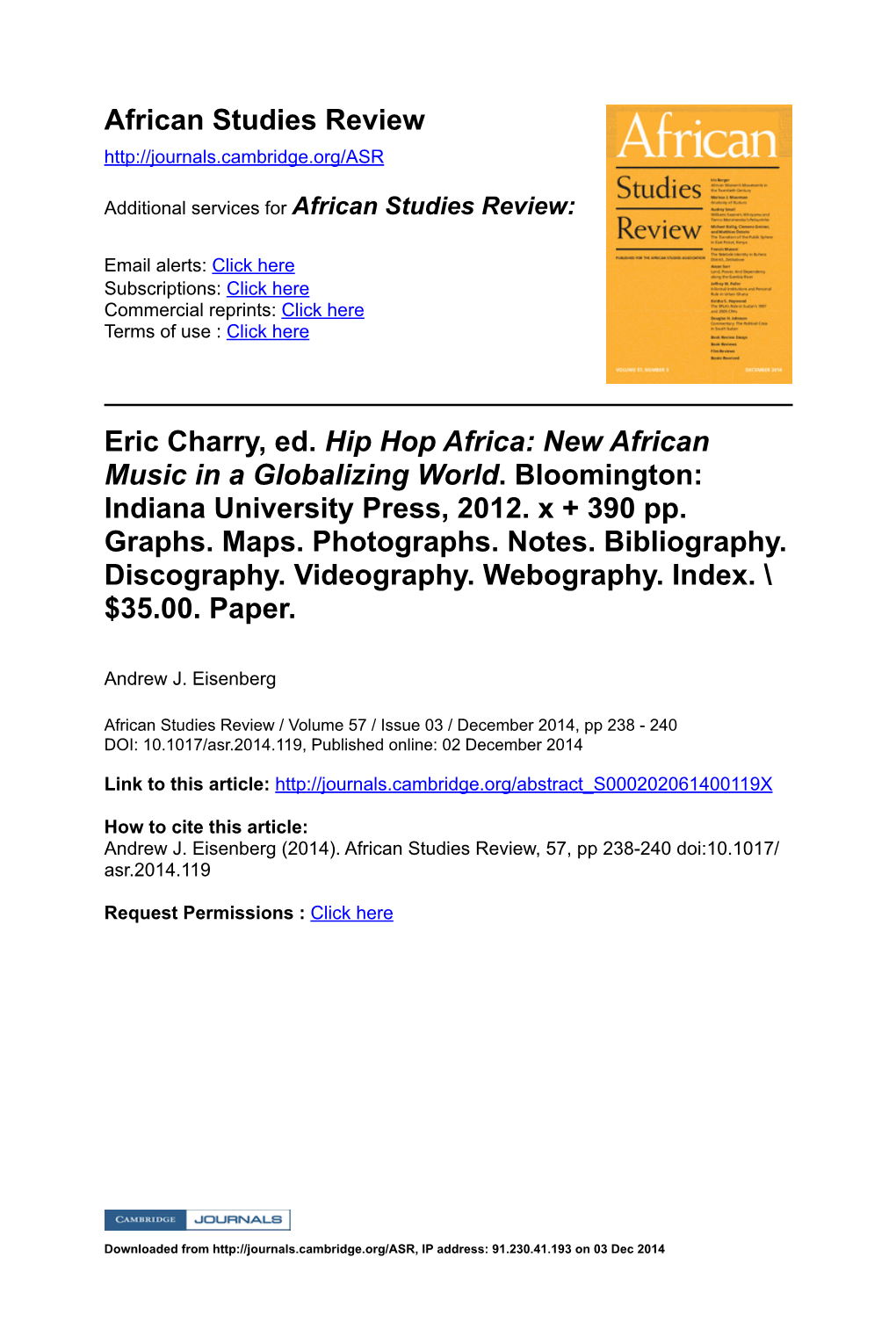 African Studies Review Eric Charry, Ed. Hip Hop Africa