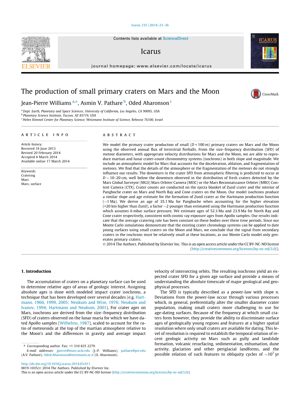 The Production of Small Primary Craters on Mars and the Moon ⇑ Jean-Pierre Williams A, , Asmin V