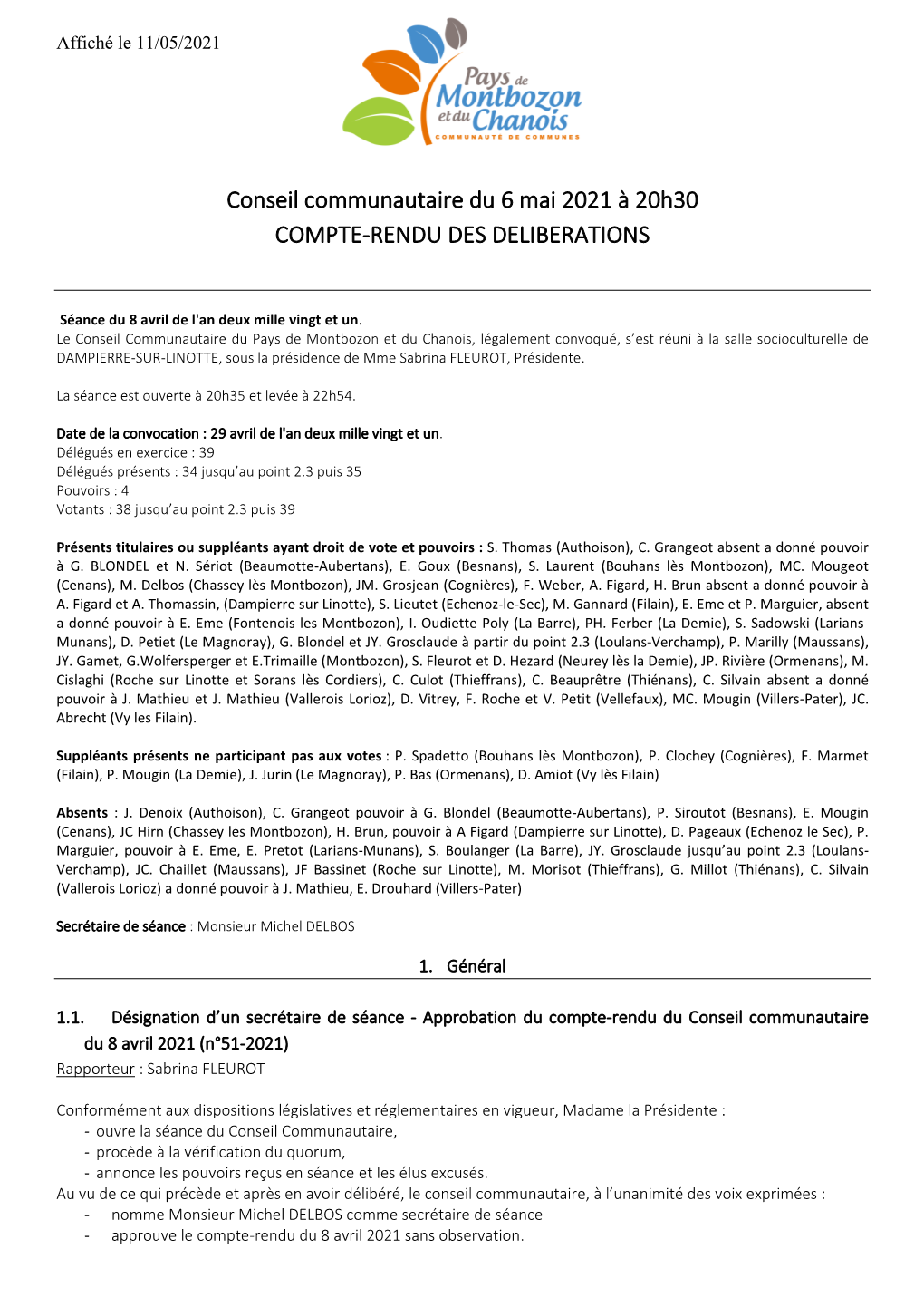 Conseil Communautaire Du 6 Mai 2021 À 20H30 COMPTE-RENDU DES DELIBERATIONS