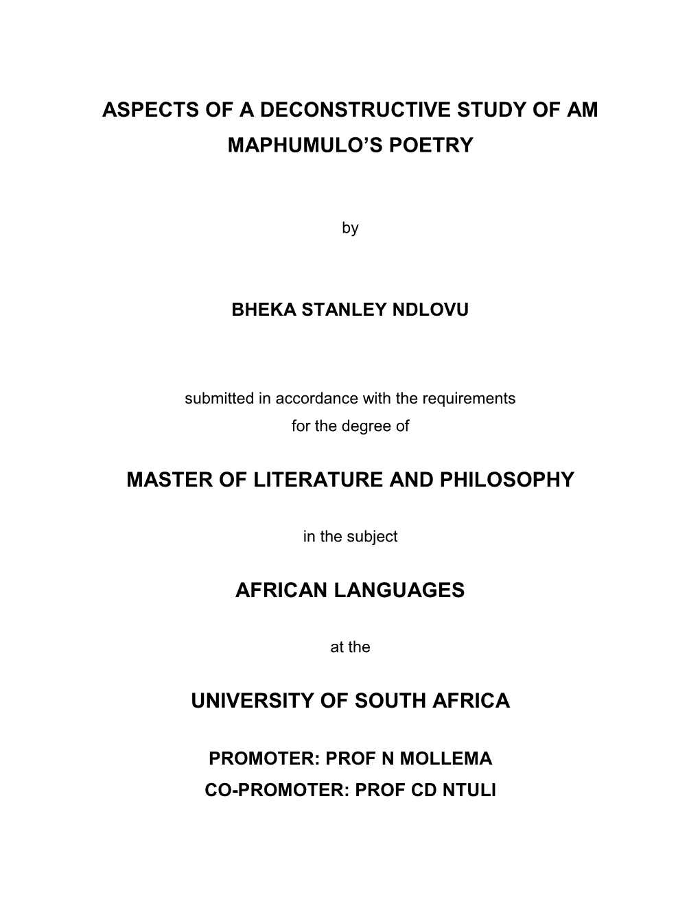 Aspects of a Deconstructive Study of Am Maphumulo's