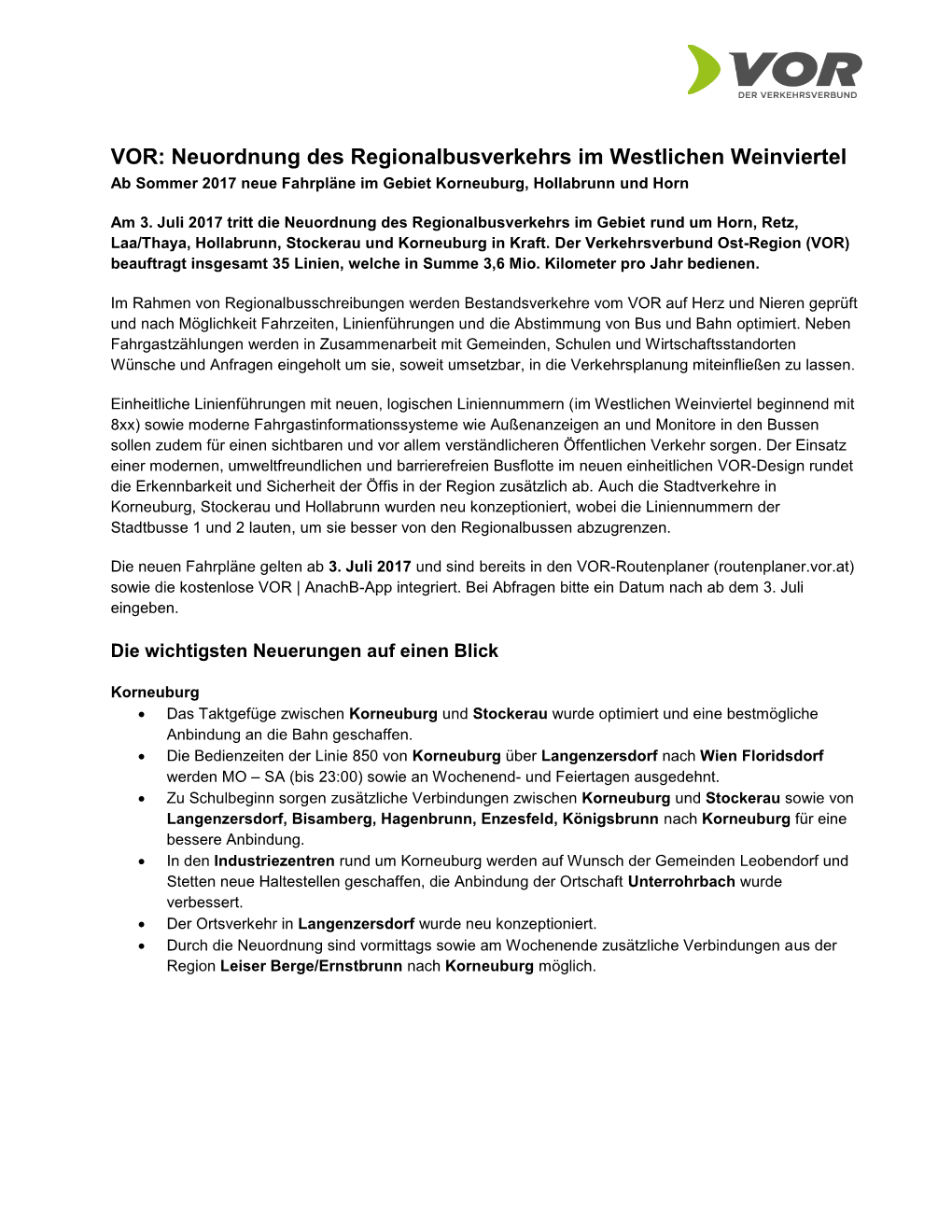 Neuordnung Des Regionalbusverkehrs Im Westlichen Weinviertel Ab Sommer 2017 Neue Fahrpläne Im Gebiet Korneuburg, Hollabrunn Und Horn