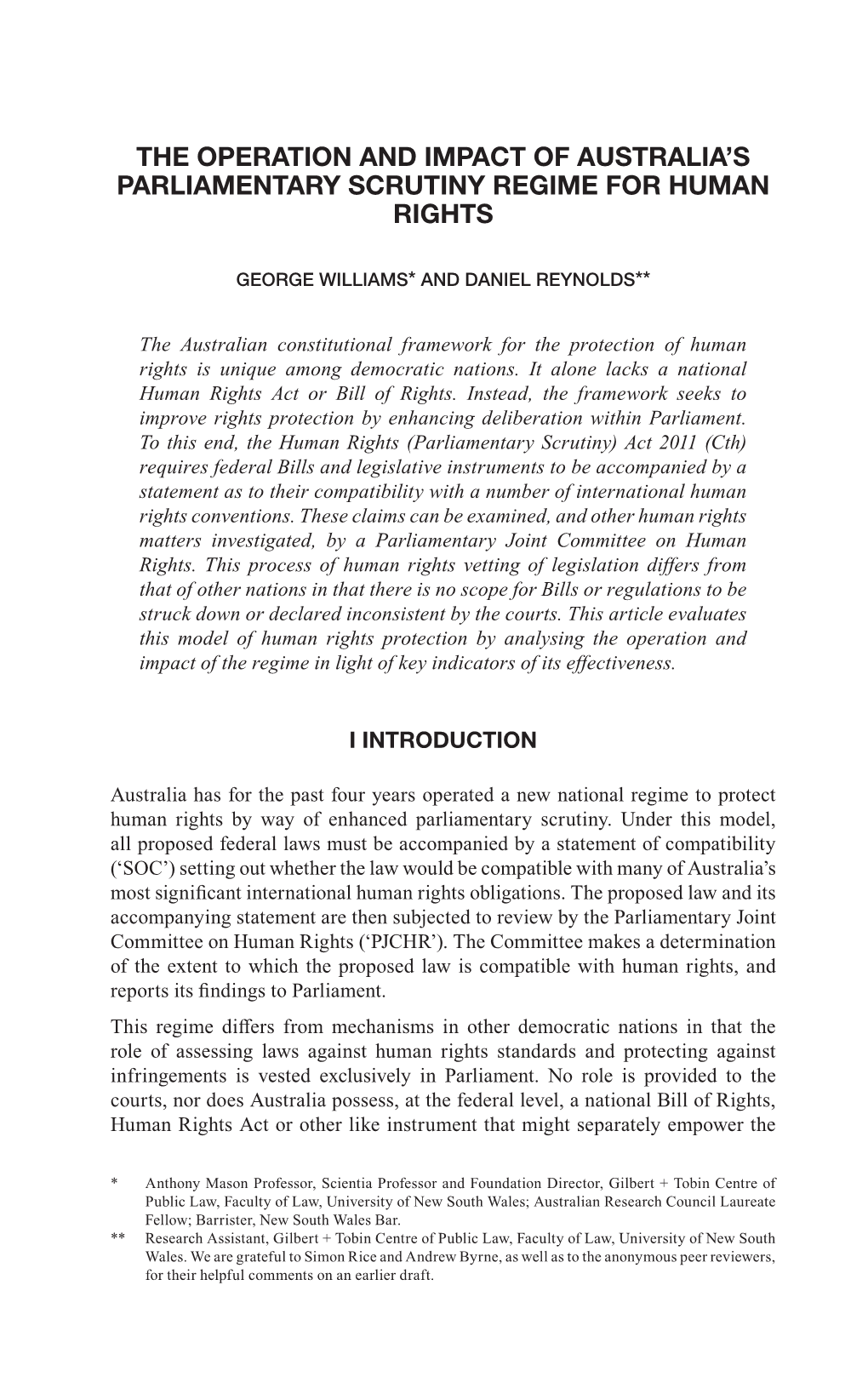 The Operation and Impact of Australia's Parliamentary Scrutiny Regime For