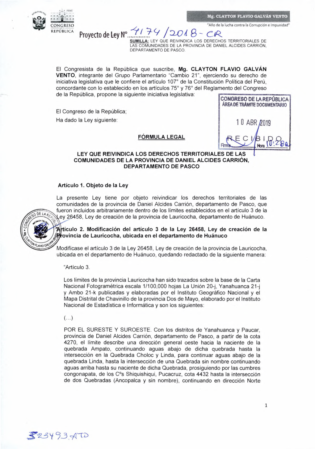 Ley Que Reivindica Los Derechos Territoriales De Las Comunidades De La Provincia De Daniel Alcides Carrión, Departamento De Pasco