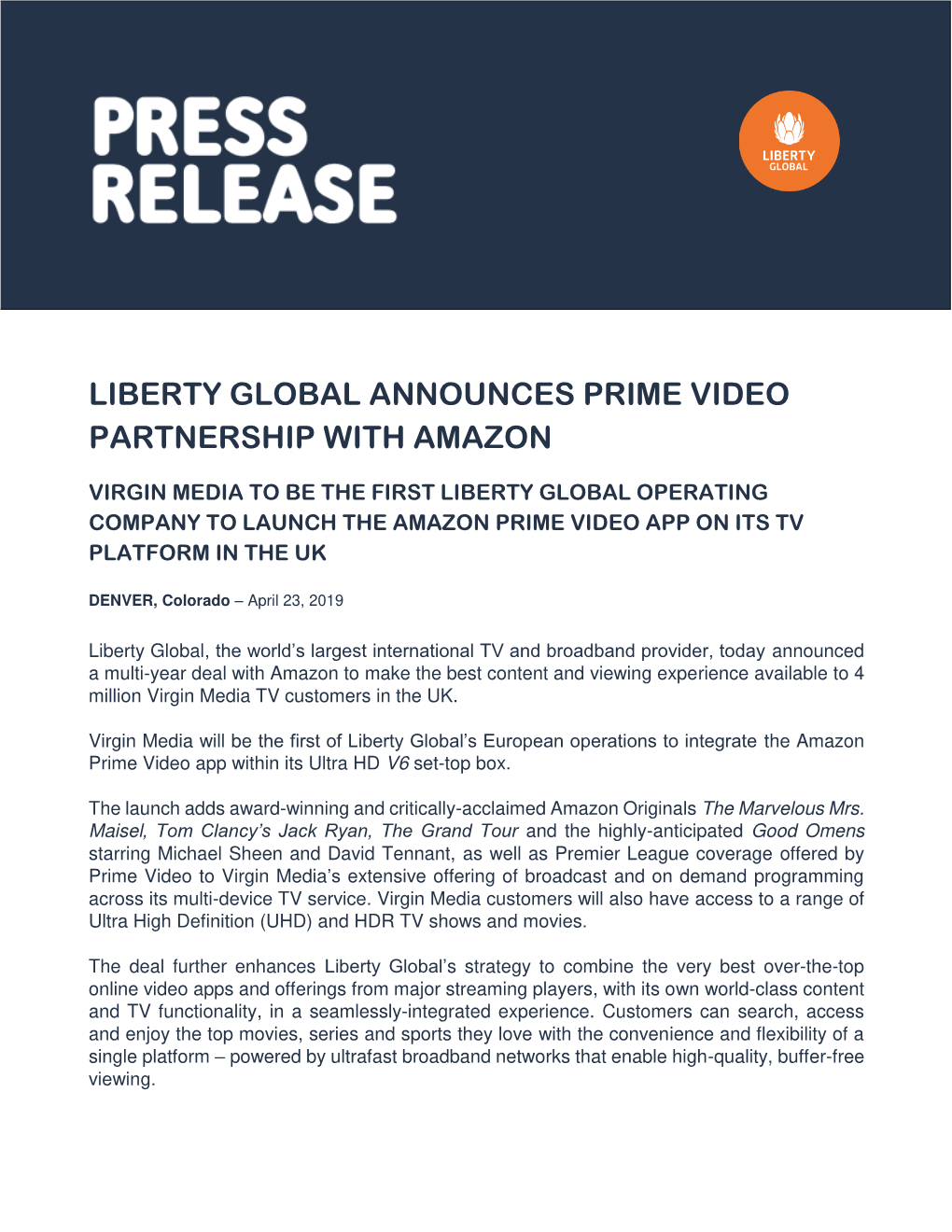 Liberty Global Announces Prime Video Partnership with Amazon