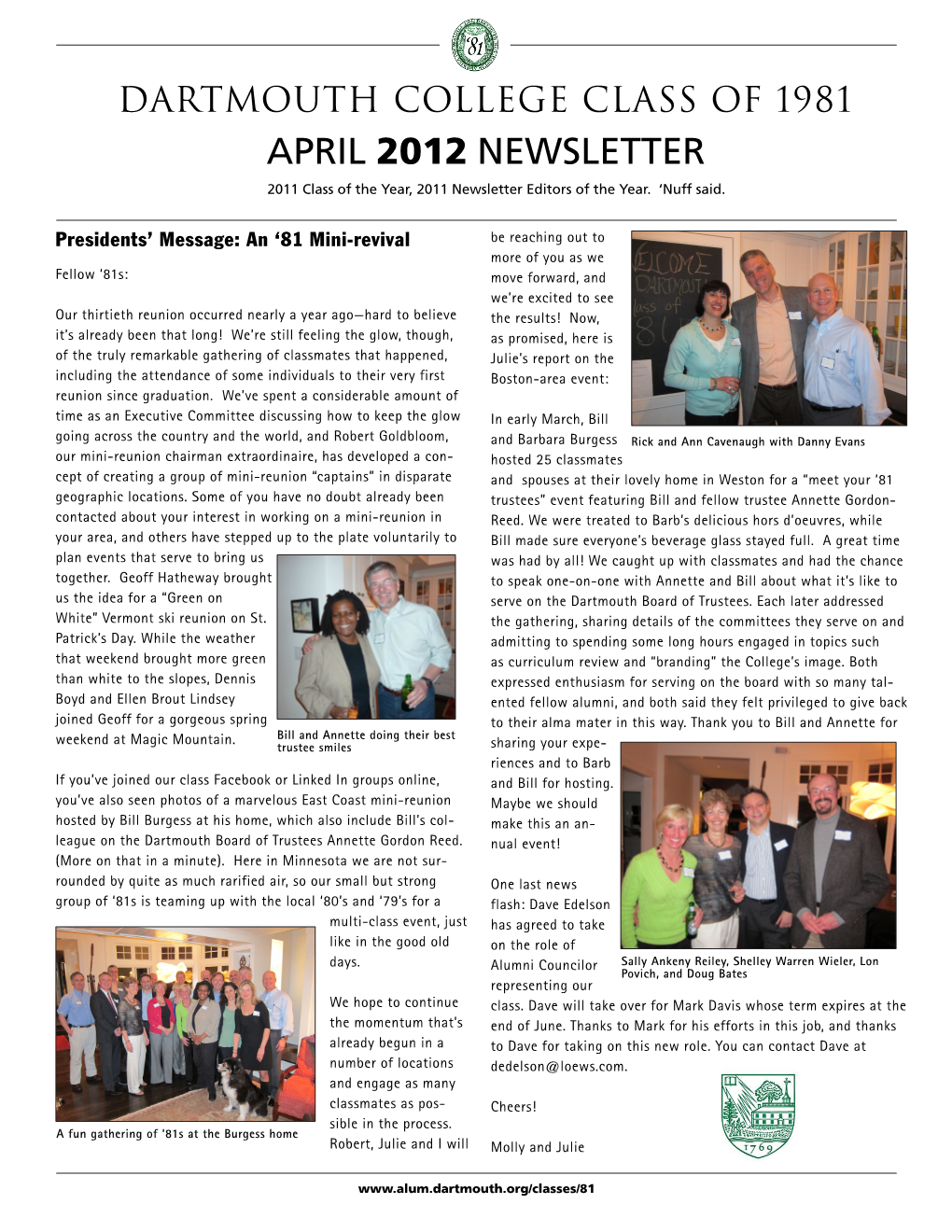 APRIL 2012 NEWSLETTER 2011 Class of the Year, 2011 Newsletter Editors of the Year