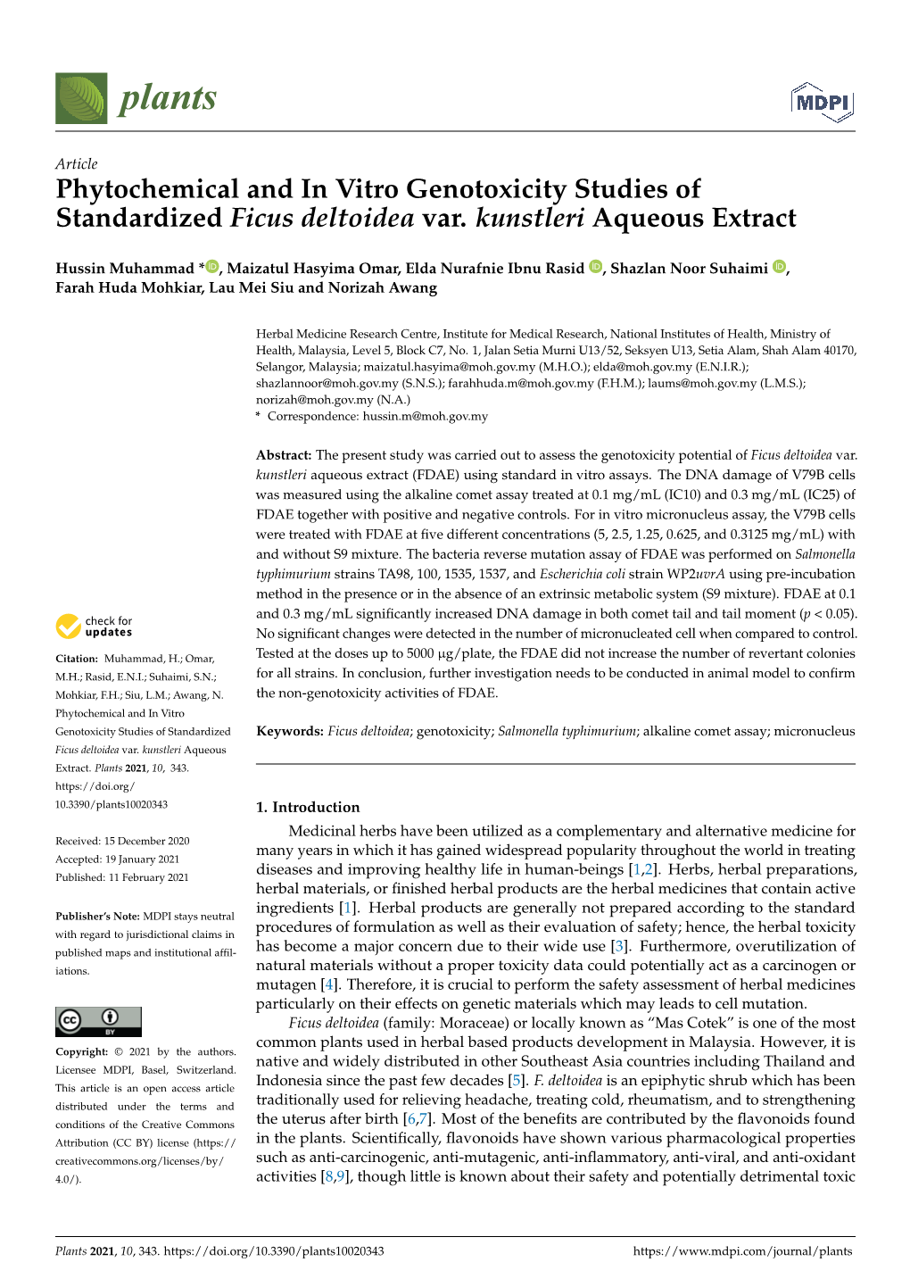 Phytochemical and in Vitro Genotoxicity Studies of Standardized Ficus Deltoidea Var