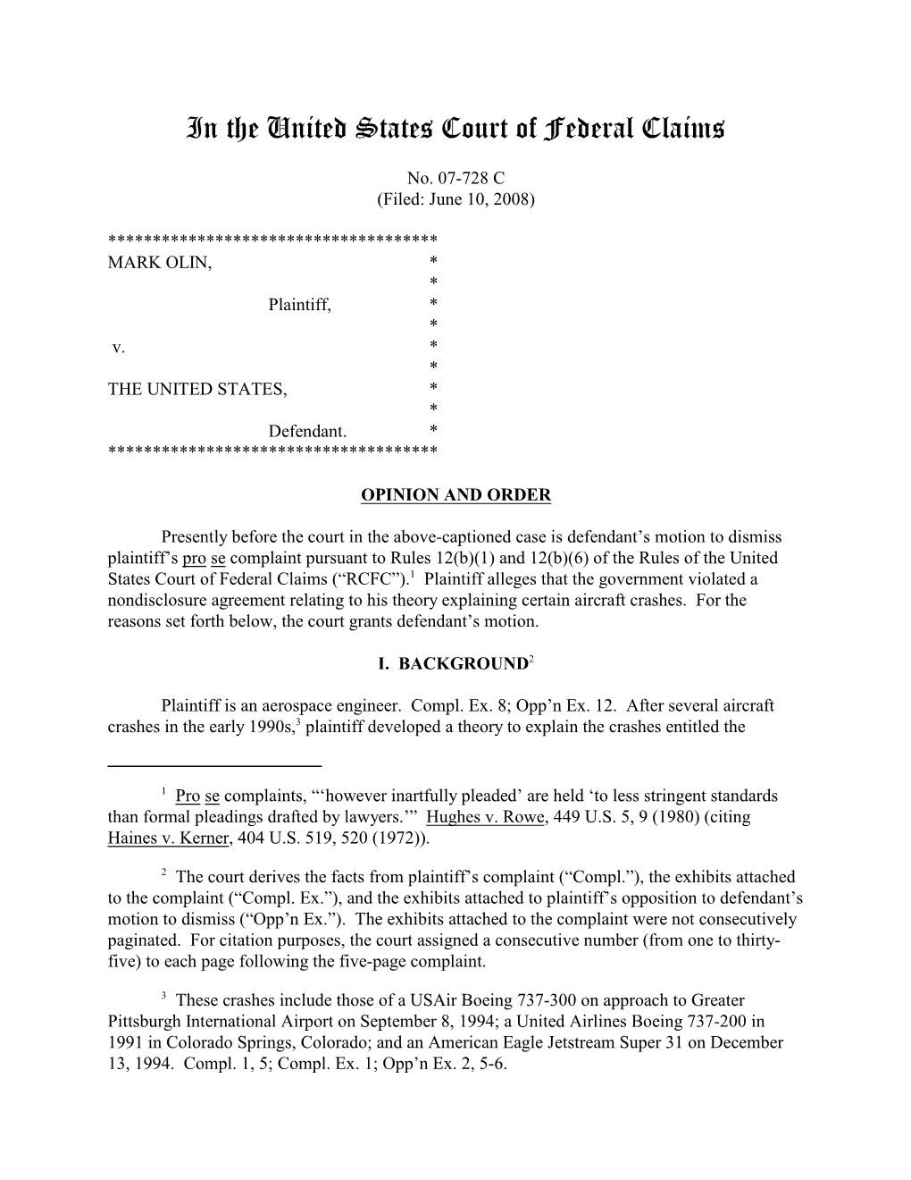 07-728C • MARK OLIN, V. the UNITED STATES