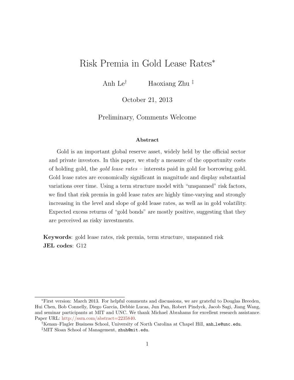 Risk Premia in Gold Lease Rates∗