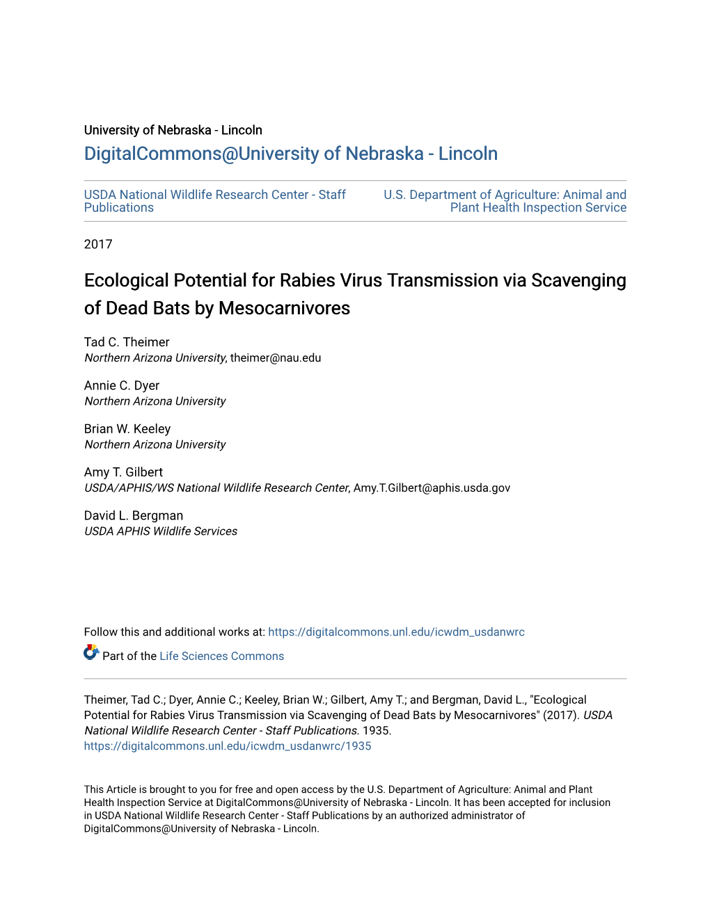 Ecological Potential for Rabies Virus Transmission Via Scavenging of Dead Bats by Mesocarnivores