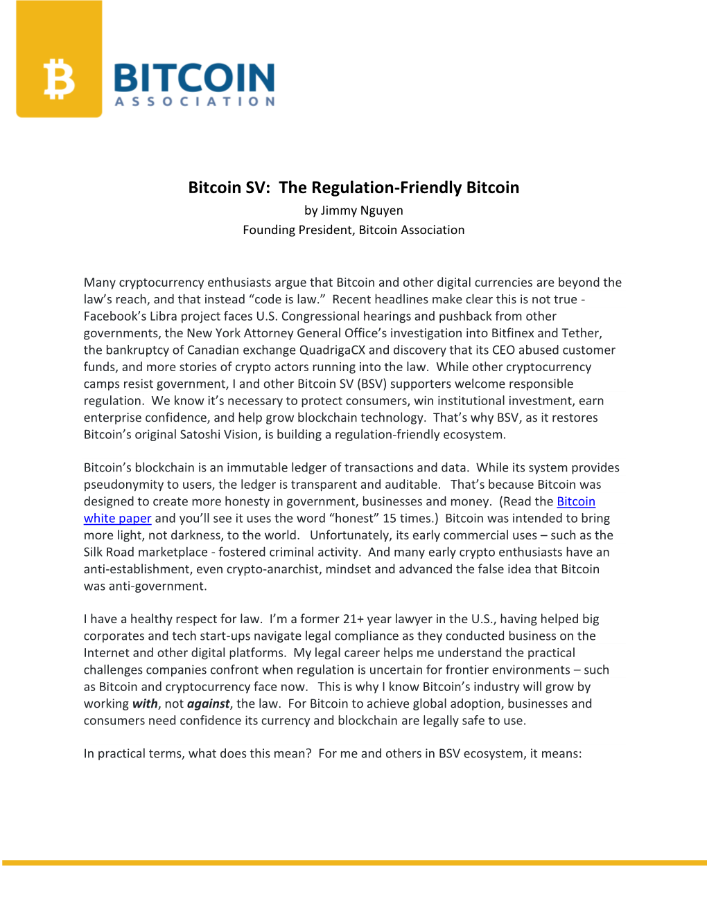 Bitcoin SV: the Regulation-Friendly Bitcoin by Jimmy Nguyen Founding President, Bitcoin Association