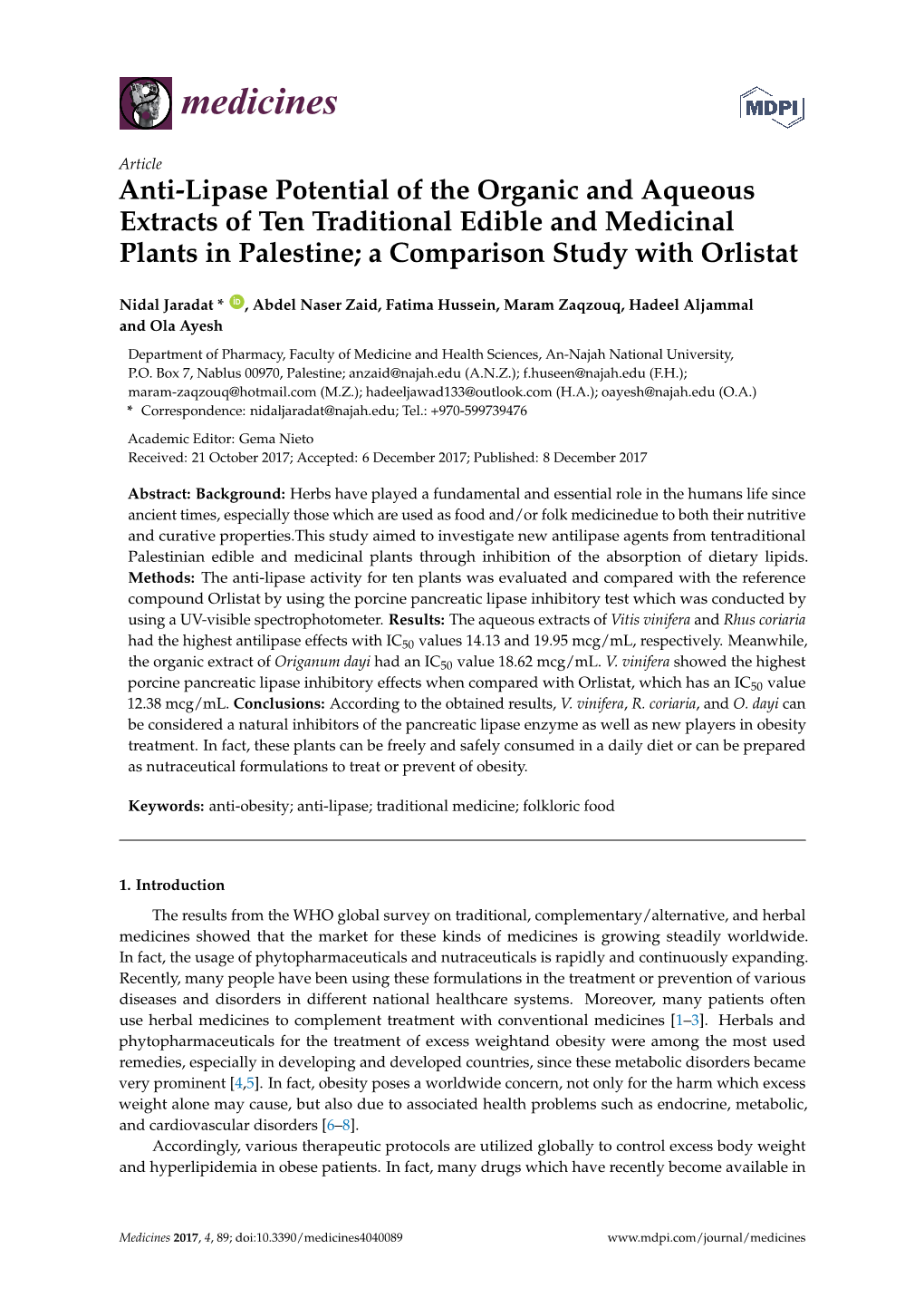 Anti-Lipase Potential of the Organic and Aqueous Extracts of Ten Traditional Edible and Medicinal Plants in Palestine; a Comparison Study with Orlistat