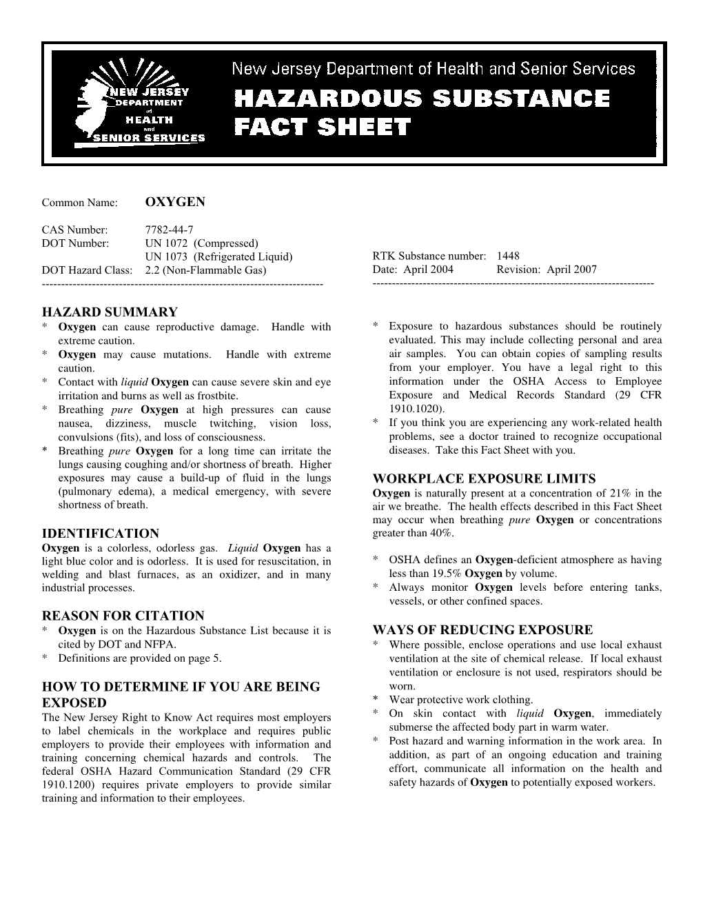 Oxygen Hazard Summary