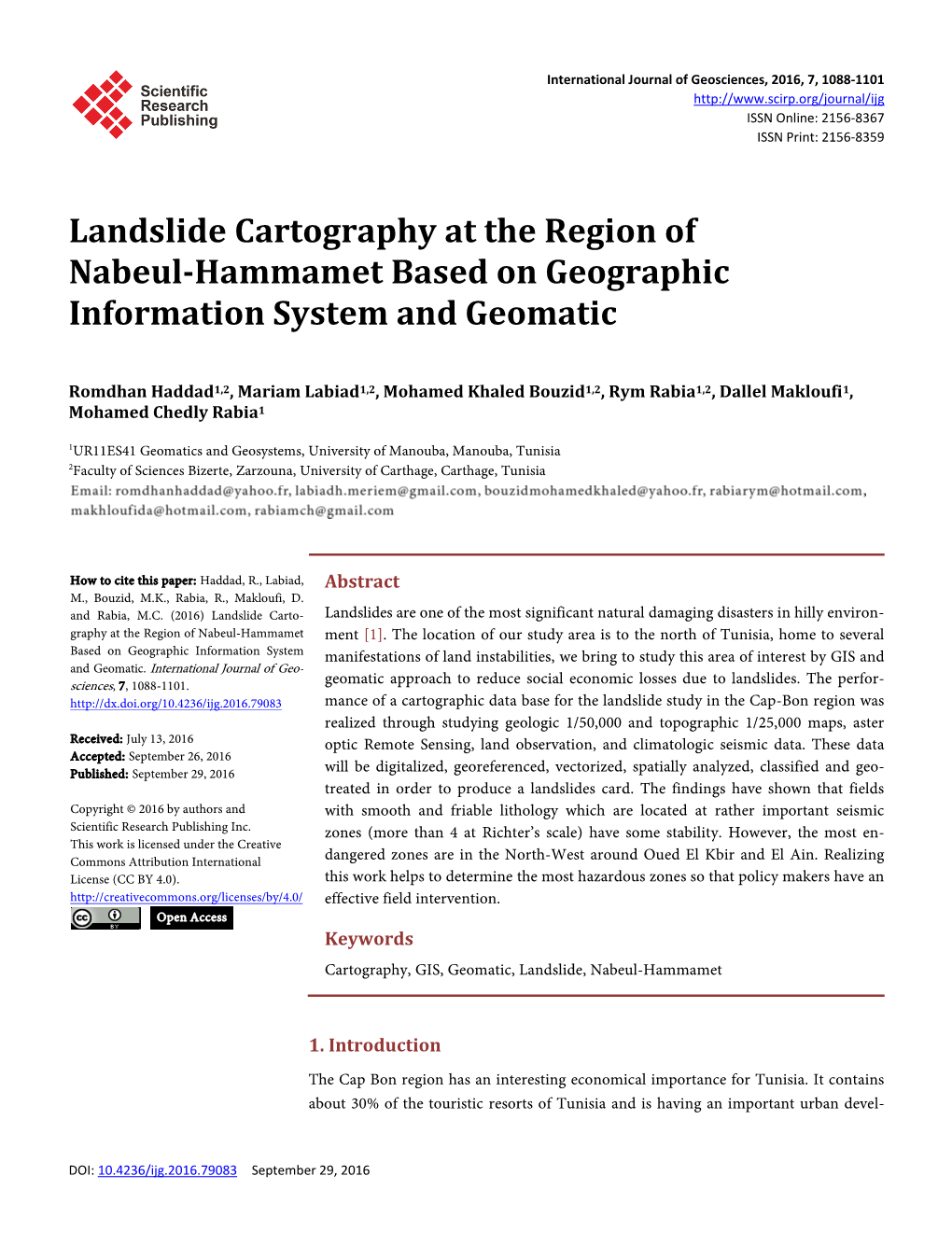 Landslide Cartography at the Region of Nabeul-Hammamet Based on Geographic Information System and Geomatic