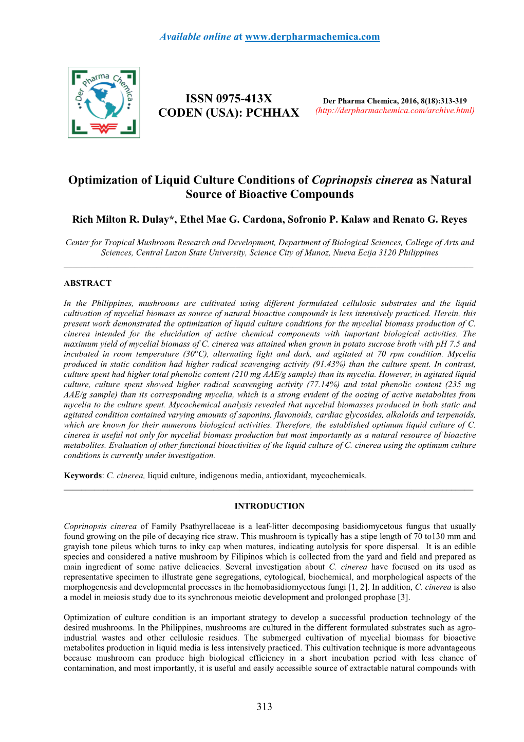 PCHHAX Optimization of Liquid Culture Conditions of Coprinopsis