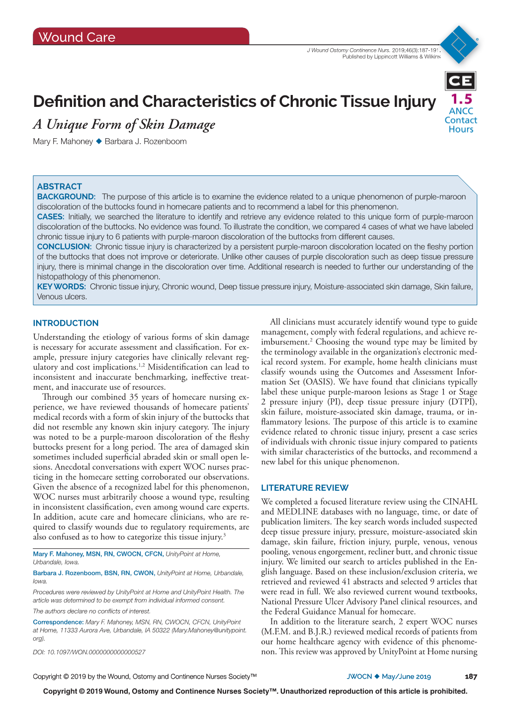 Definition and Characteristics of Chronic Tissue Injury