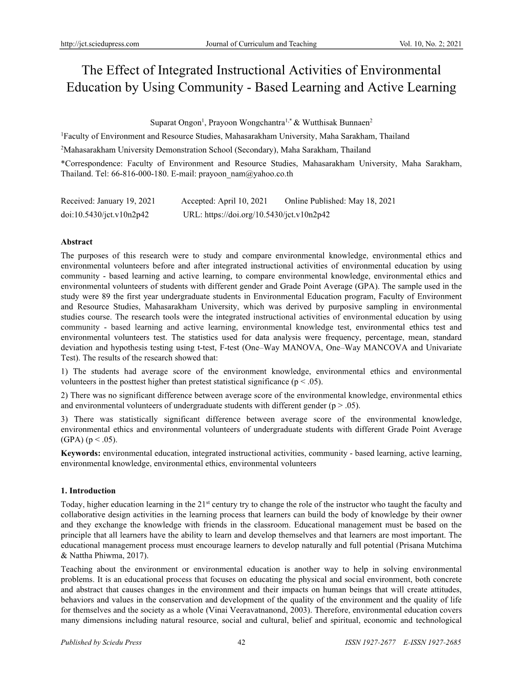 The Effect of Integrated Instructional Activities of Environmental Education by Using Community - Based Learning and Active Learning