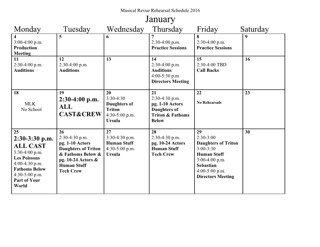 Musical Revue Rehearsal Schedule 2010